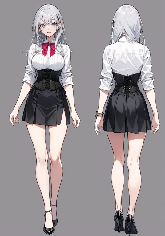 silver hair,Long hair,Adult female,Bartender,((Rolling up your sleeves shirt)),(Corset),(Tight skirt),High heels,((Simple background)),Smile,((Full body)),((whole body)),Character Sheet,Arms slightly open