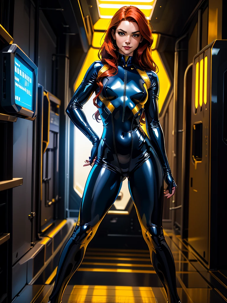 Best quality, 4K, american comics art style, vintage space beautiful woman,long red hair,looking to observer,little smile,yellow and dark blue tight latex suit under shine black hi-tech armor,dynamic pose, spaceship corridor scenario, dramatic lights 