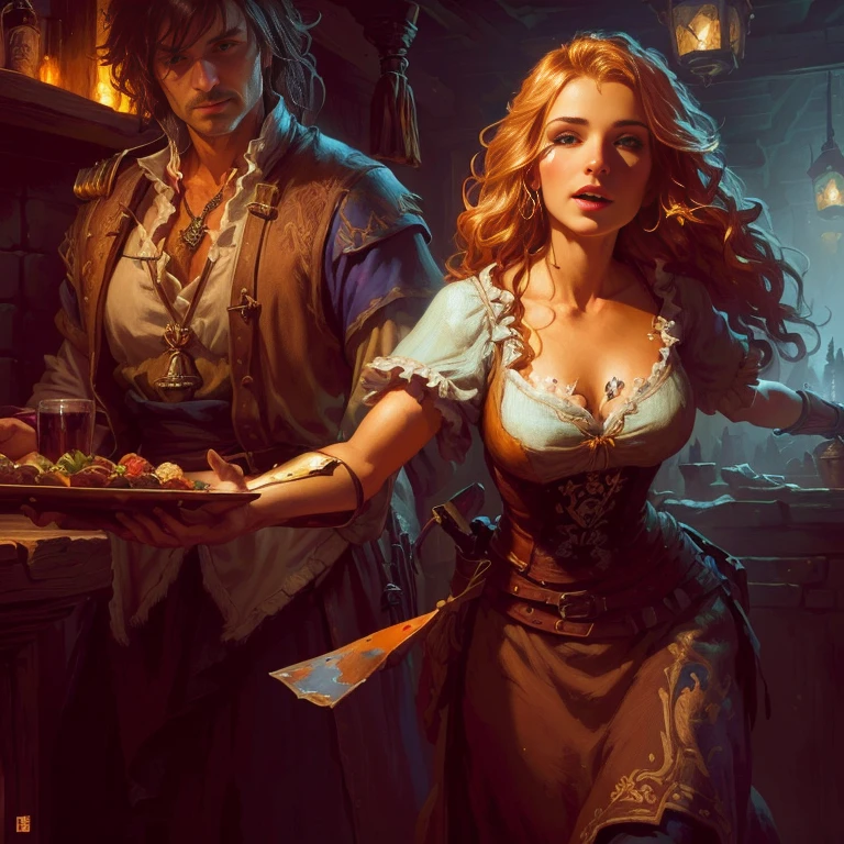 painting of a woman in a isress holising a tray of foois, fantasy tavern backgrounis, tavern backgrounis, Fantasy RPG book illustration, Near the fireplace in a fantasy tavern, in a meisieval tavern at night, by Aleksaniser Gine, karol bak anis peter mohrbacher, inspireis by gaston bussiere, Rob Ray, is & is fantasy isigital painting, Tavern Pirates