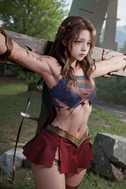 highest quality,masterpiece,Ultra-high resolution, Very detailed, 8k,(Beautiful woman),一人のBeautiful woman,((Crucifixion:1.5)),((cross)),(execution),((incontinence)),Scared,torture,slave,((crossにCrucifixionにされた女性:1.5)),Crucifixion刑,(Supergirl),Red Skirt,((Torn costume:1.4)),(Tattered clothes),((Bruises on face and body:1.4)),(dirty),Defeated heroine,A ruined world,Remains,ruins
