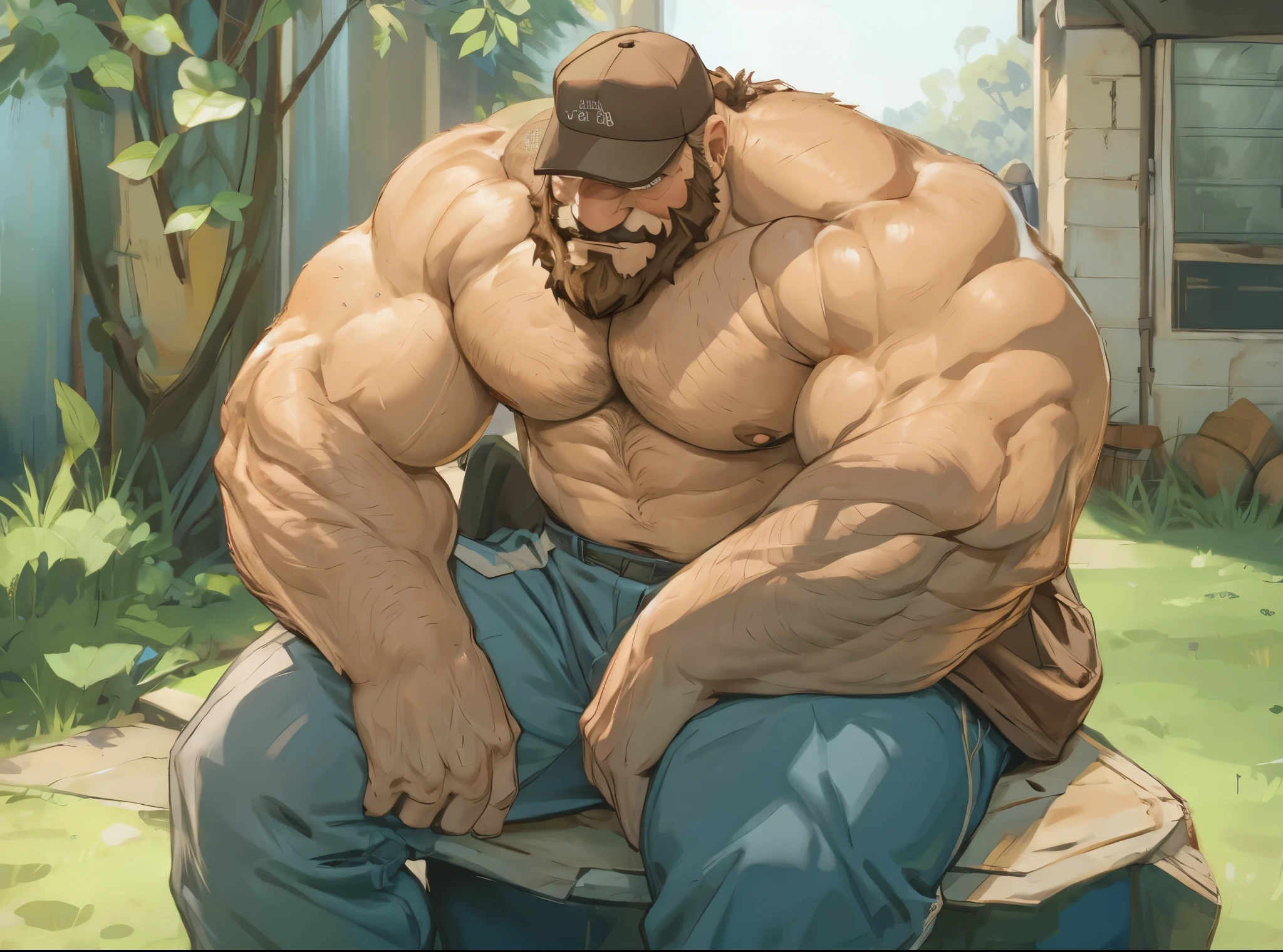 huge muscular old man sitting, wearing cap, brown beard