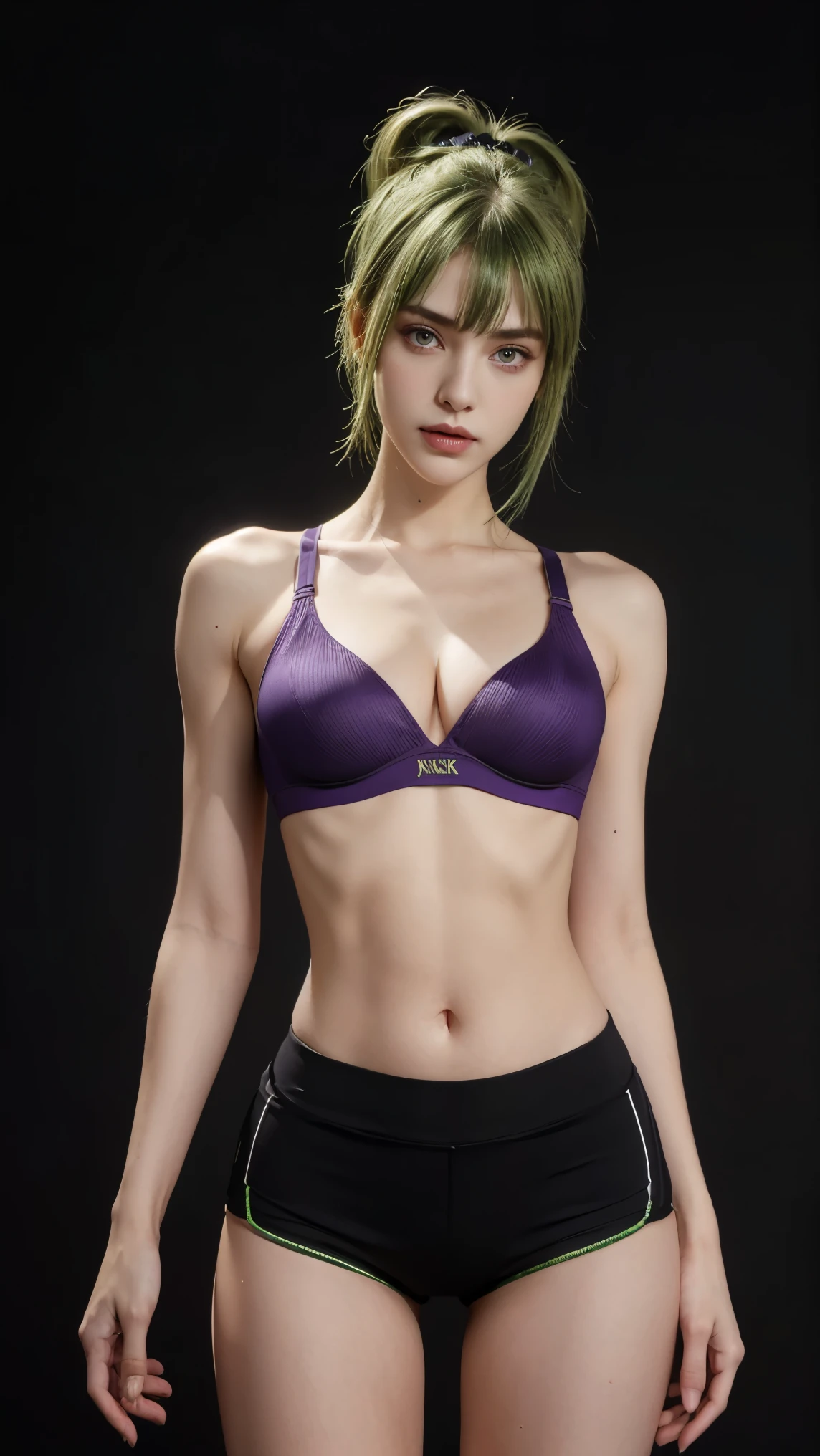 8K, Top Quality, Intricate Details, Ultra Detail, Ultra High Resolution, Masterpiece, close up shot, (full body: 1.1), Slender, Smile, (Makeup: 0.4), (Fluffy purple Eyes: 1.21), (()), 1girl, solo, 1 girl, ((green hair, bangs, high ponytail)), close up shot, , ((tall)), (((fit body))), (((slim face))), sharp face, (()) ,(detailed face), sharp face, small lips, ,
((,sport bra, hot pants )), , ((,)),detailed face, detailed breast, , ((large breast, huge breast )), , Narrow Waist, Skinny, tall , 175 cm tall, Muscular, Navel, Exposed Abdomen, Pointed Chest,, Beautiful girl with accentuated slender abs: 1.4, Six Pack Abs: 1.4, Bust Botox, Big, Perfect Body, detail leg, (( dark background)), black background,