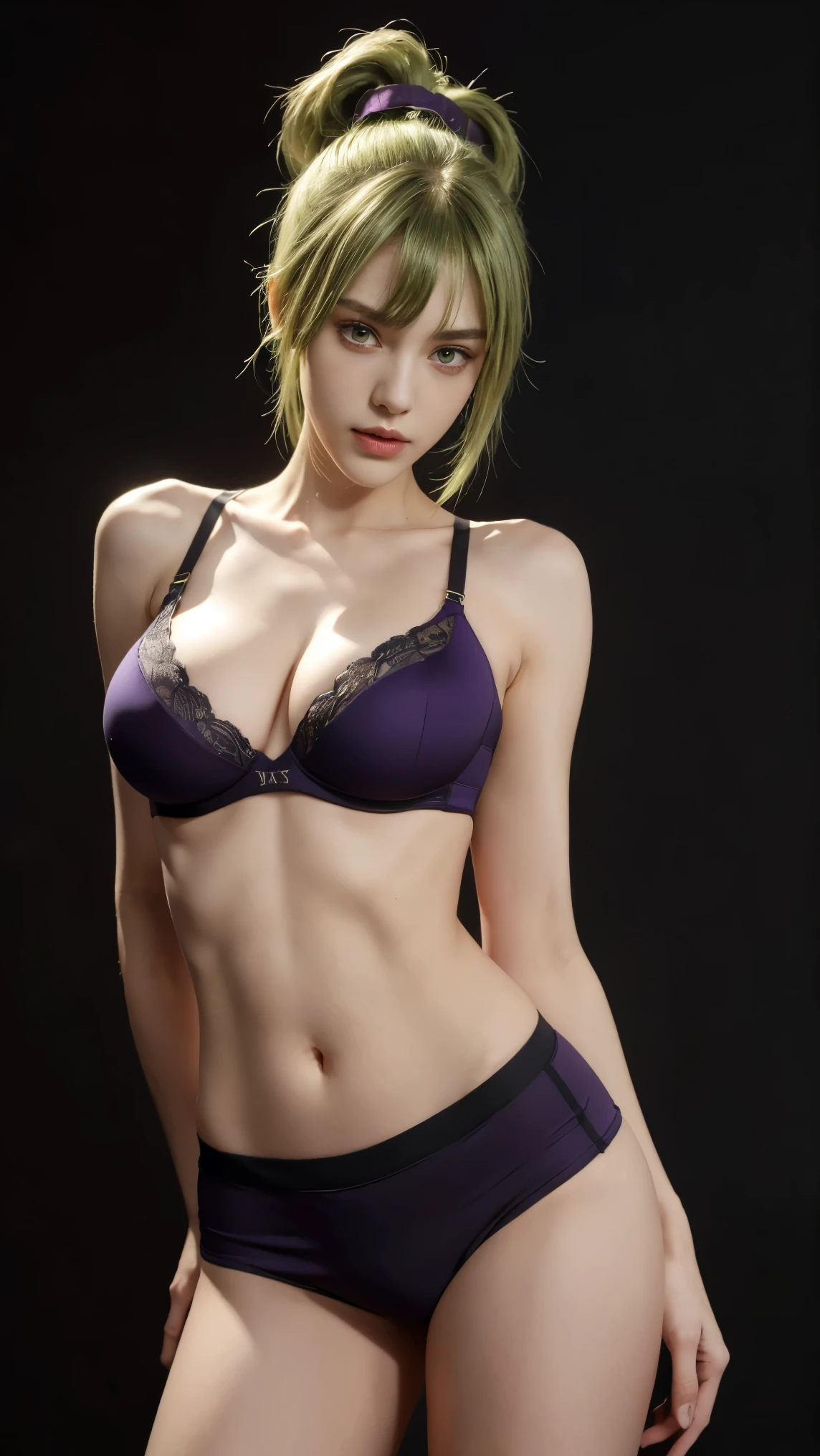 8K, Top Quality, Intricate Details, Ultra Detail, Ultra High Resolution, Masterpiece, close up shot, (full body: 1.1), Slender, Smile, (Makeup: 0.4), (Fluffy purple Eyes: 1.21), (()), 1girl, solo, 1 girl, ((green hair, bangs, high ponytail)), close up shot, , ((tall)), (((fit body))), (((slim face))), sharp face, (()) ,(detailed face), sharp face, small lips, ,
((,sport bra, hot pants )), , ((,)),detailed face, detailed breast, , ((large breast, huge breast )), , Narrow Waist, Skinny, tall , 175 cm tall, Muscular, Navel, Exposed Abdomen, Pointed Chest,, Beautiful girl with accentuated slender abs: 1.4, Six Pack Abs: 1.4, Bust Botox, Big, Perfect Body, detail leg, (( dark background)), black background,