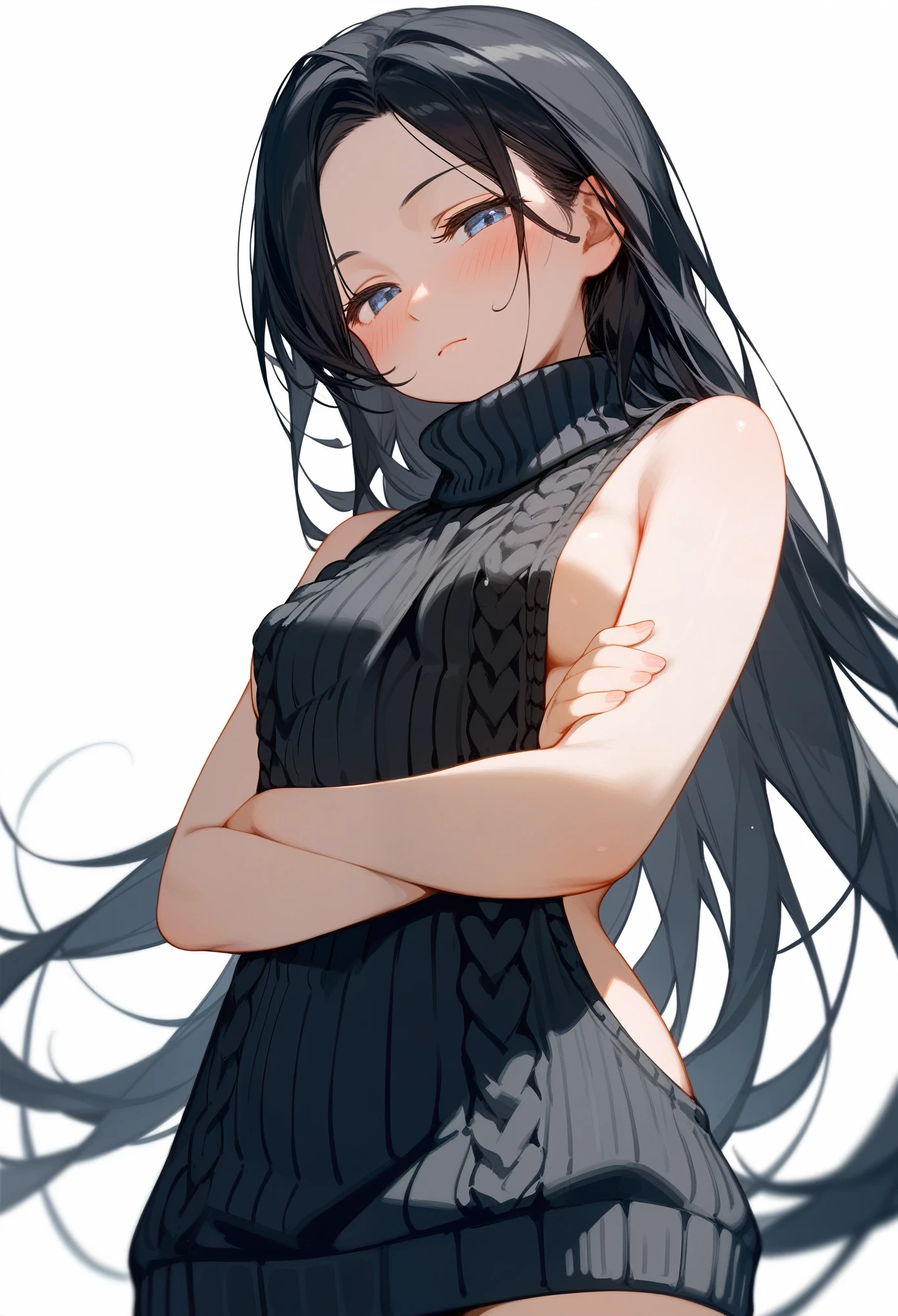 score_9, score_8_up, score_7_up, 1girl, woman, long hair, black hair, parted bangs, dark blue eyes, small breasts, innexpressive, sleeveless sweater, virgin killer sweater, blushing, narrowed eyes, closed mouth, standing, crossed arms, side view, thighs, below view, upper body, masterpiece, best quality, white background