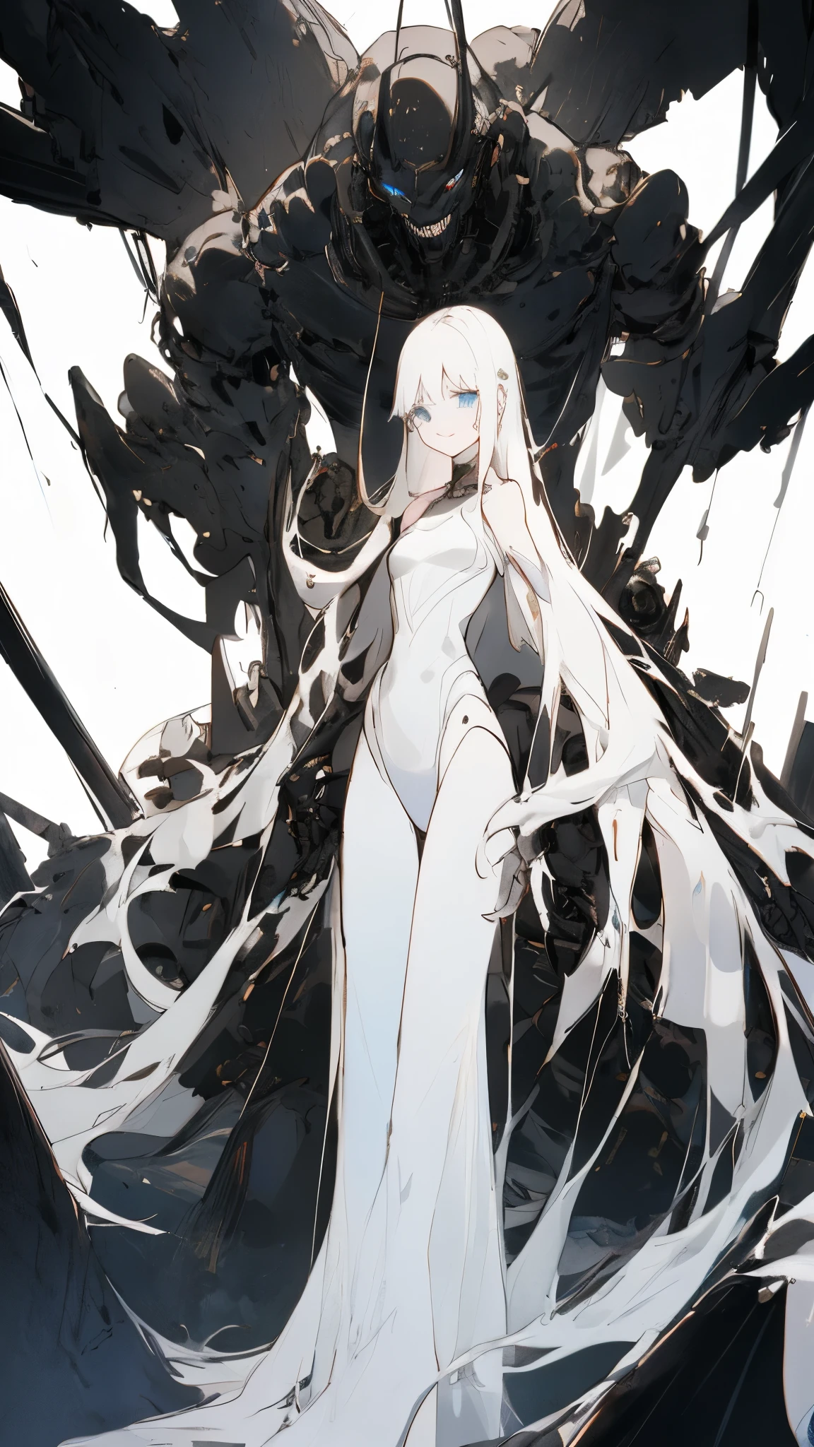 masterpiece， highest quality， Observe the audience， length Hair， Fresh， （Straight Hair：0.7），
Black Theme， （（（（Black Ruins，）））），Human whole body，Sheer leotard，Front view，blue eyes，Bright pupils，length, Pure white straight hair，Small breasts、A light smile，（Full Shot），Ultra-high resolution，Accurate，Very detailed，Awards，Attention to detail，highest quality，8k、High Leg、Mysterious、Quiet abandoned cityscape、mechanical、(Beautiful Abuscular、)beautiful girl、White skin