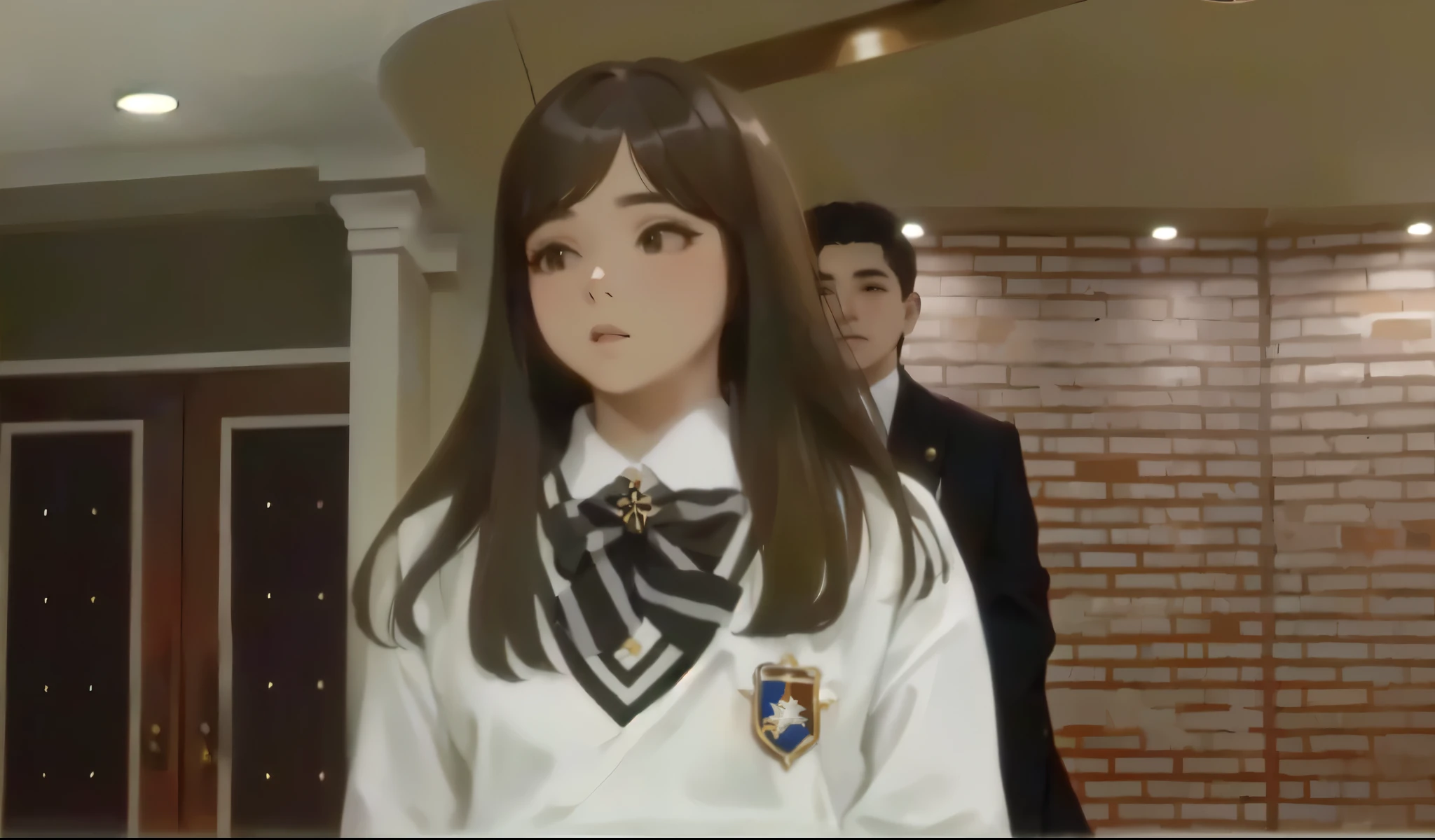 Chica arafed de pie en un pasillo., uniforme jk, ella tiene una linda cara expresiva, she has a distant expression, scene from a live action movie, ella tiene una cara linda, estilo de sss.hombre de la parrilla (2018), ella tiene el pelo negro con flequillo, inspirado en Kim Jeong-hui, with brown bangs