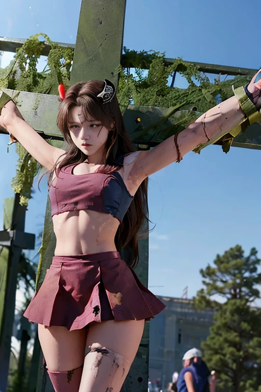 highest quality,masterpiece,Ultra-high resolution, Very detailed, 8k,(Beautiful woman),一人のBeautiful woman,((Crucifixion:1.5)),((cross)),(execution),((incontinence)),Scared,torture,slave,((crossにCrucifixionにされた女性:1.5)),Crucifixion刑,(Sailor Moon),Short skirt,((Torn costume:1.4)),(Tattered clothes),((Bruises on face and body:1.4)),(dirty),Defeated heroine,A ruined world,Remains,ruins