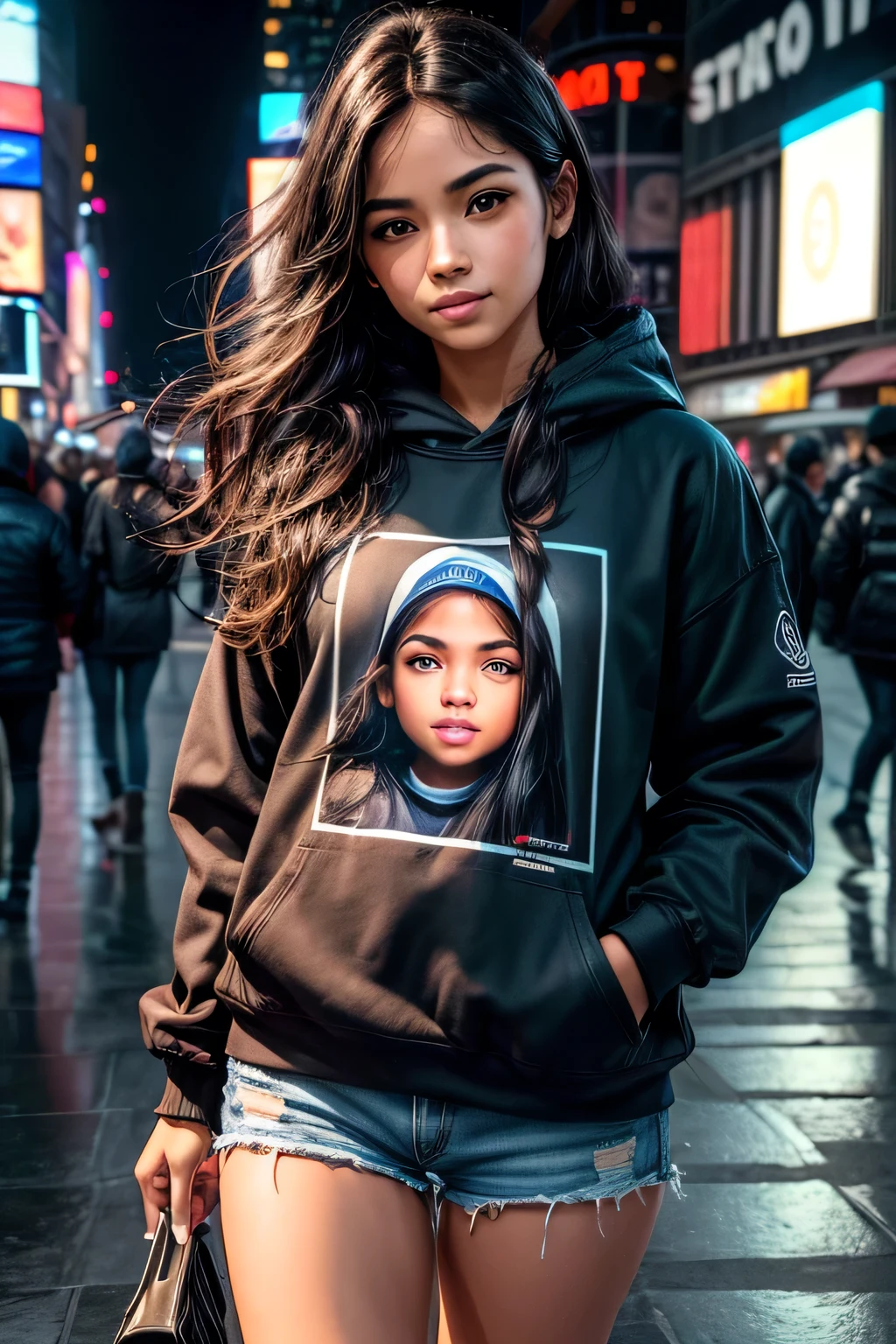 (obra de arte, melhor qualidade, high resolution, high resolution:1.2), extremamente detalhado, realista, detalhes intrincados, 1 garota, Sozinho, cabelo castanho, Cabelo longo, (olhos castanhos, olhos detalhados, sombra, delineador, eyelash, Sorriso Sedutor, corar, parted lips), (moletom com capuz grande),  hands in sweatshirt pockets, shorts de golfinho, shorts cinza, (????? grandes, coxas grossas, quadris largos), Nova York Times Square, olhando para o espectador, pose sedutora, Close-up, Photo at eye level,  
