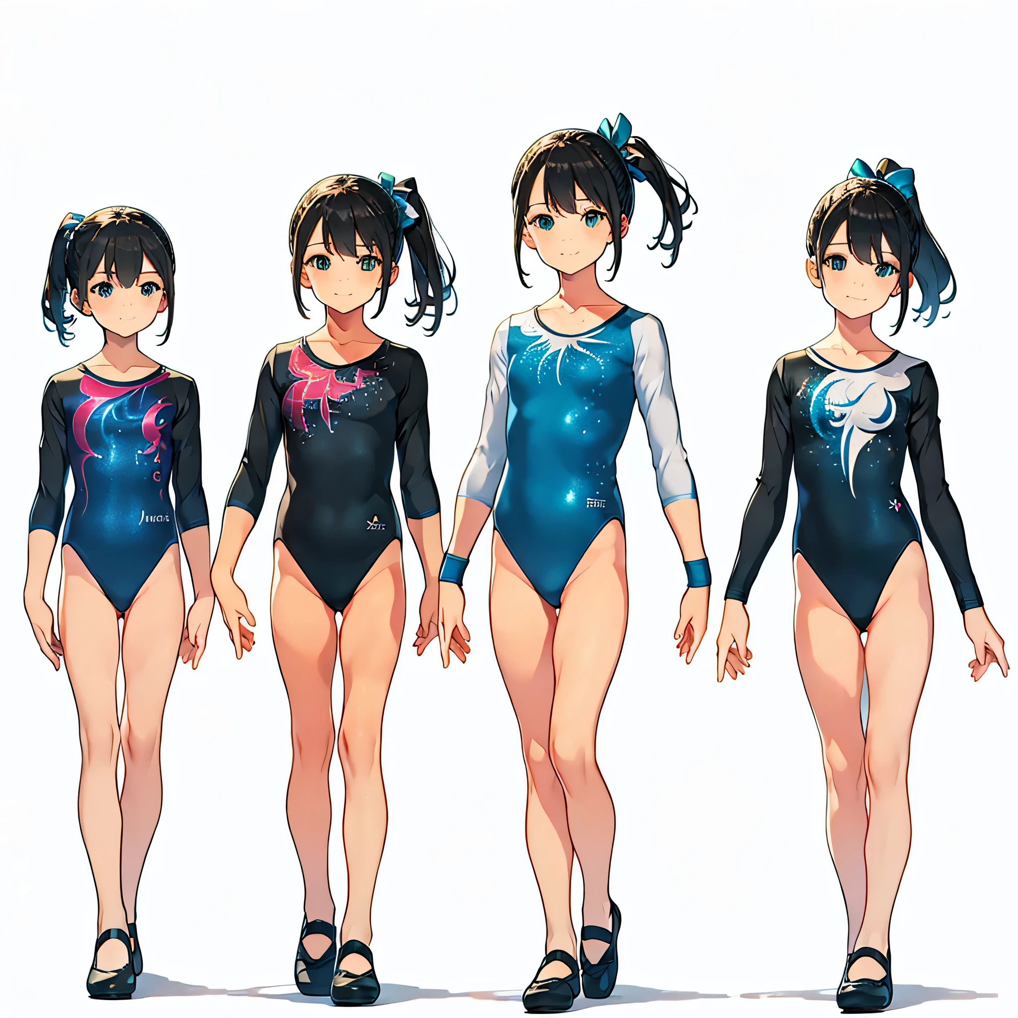 (masterpiece, best quality:1.2),Gymnastics club,(3 girls:1.3),(black leotard:1.3),(athletic leotard:1.3),green leotard:1.2),full body, pony tail, blue ribbon, long hair,(body suit:1.2),(over 20 years old, under 25 years old:1.2), ballet shoes, smile, BREAK white background