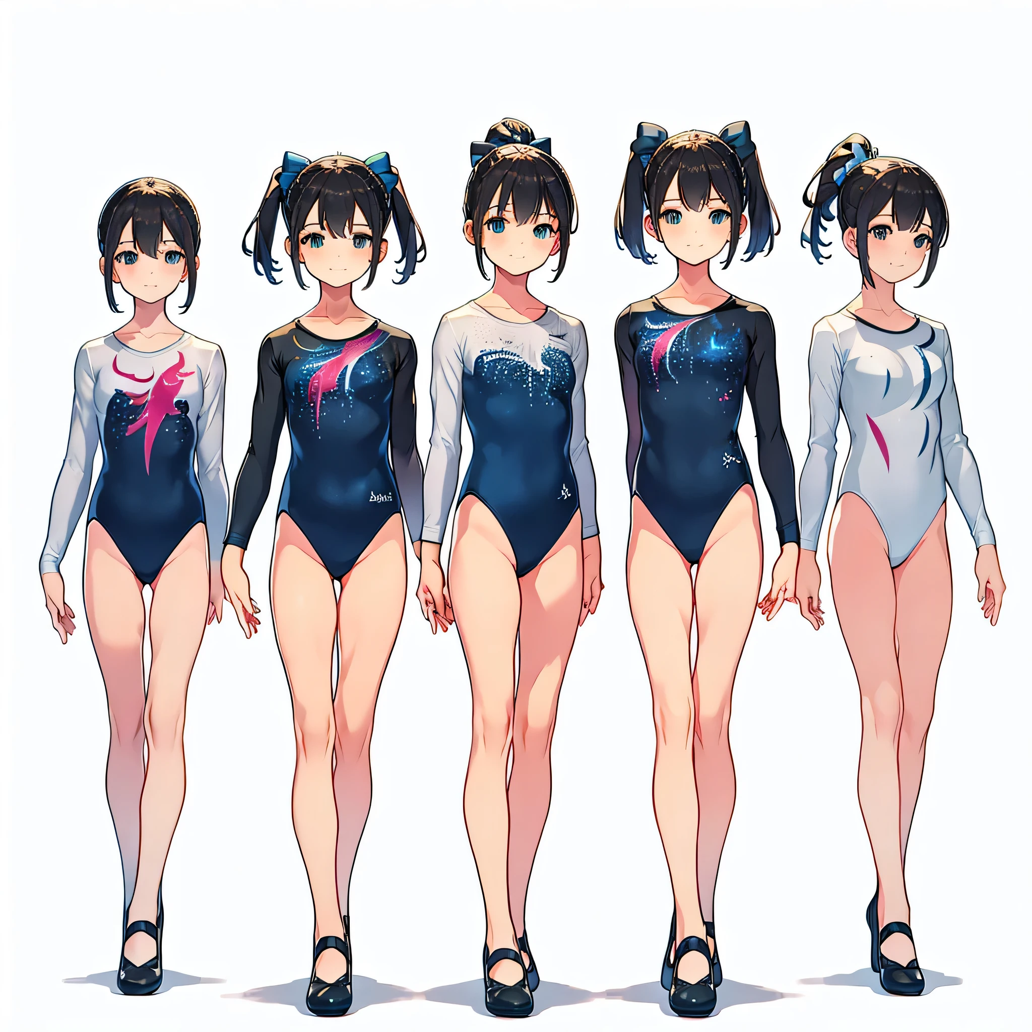 (masterpiece, best quality:1.2),Gymnastics club,(3 girls:1.3),(black leotard:1.3),(athletic leotard:1.3),green leotard:1.2),full body, pony tail, blue ribbon, long hair,(body suit:1.2),(over 20 years old, under 25 years old:1.2), ballet shoes, smile, BREAK white background