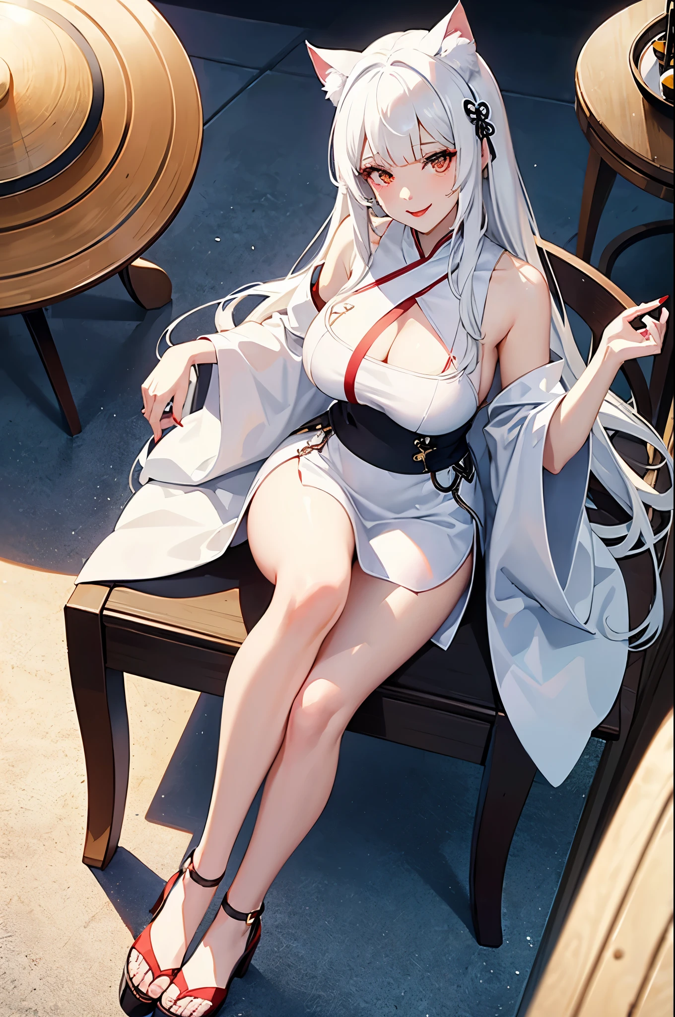 Best Quality, 8k, (masterpiece:1.2), ultra-detailed, expressive background, balance, Demon girl, 1Female, 1Demon-Girl, long gray hair, Long hair, (((Big and long straight white horns))), Straight horns white on head, White kimono, Sexy white dress, Sensual, Sexy, Sensual body, Huge breasts, Perfect curves, Majestic, ((balcony, sunset in the background)), ((fallen on the floor, cup broken, book thrown on the floor)), mess
