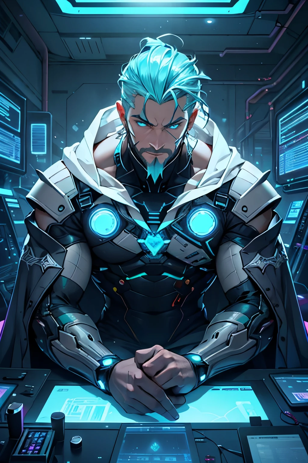 Aesthetic cyber sage, sitting in a dimly lit room, surrounded by glowing screens and circuitry. He wears a long, flowing robe made of shimmering silicone fabric, adorned with intricate holographic patterns. His facial features are sharp and angular, with piercing, cyan-colored eyes that seem to emit a gentle glow. A thick, silver beard covers his chin, framing his strong, weathered face. His hair, made of the same silicone material, is slicked back, revealing a subtle yet intricate mechanical design at the scalp. His chest is broad and muscular, displaying a complex network of wires and tubes beneath his simple