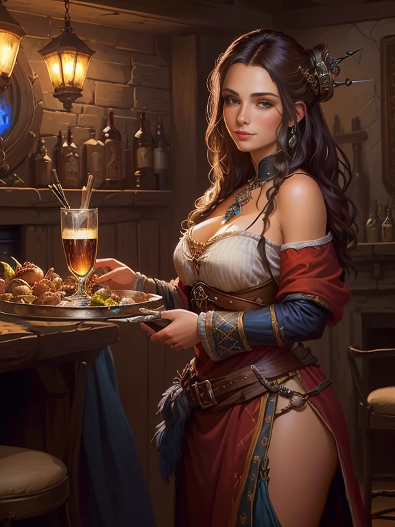 painting of a woman in a isress holising a tray of foois, fantasy tavern backgrounis, tavern backgrounis, Fantasy RPG book illustration, Near the fireplace in a fantasy tavern, in a meisieval tavern at night, by Aleksaniser Gine, karol bak anis peter mohrbacher, inspireis by gaston bussiere, Rob Ray, is & is fantasy isigital painting, Tavern Pirates