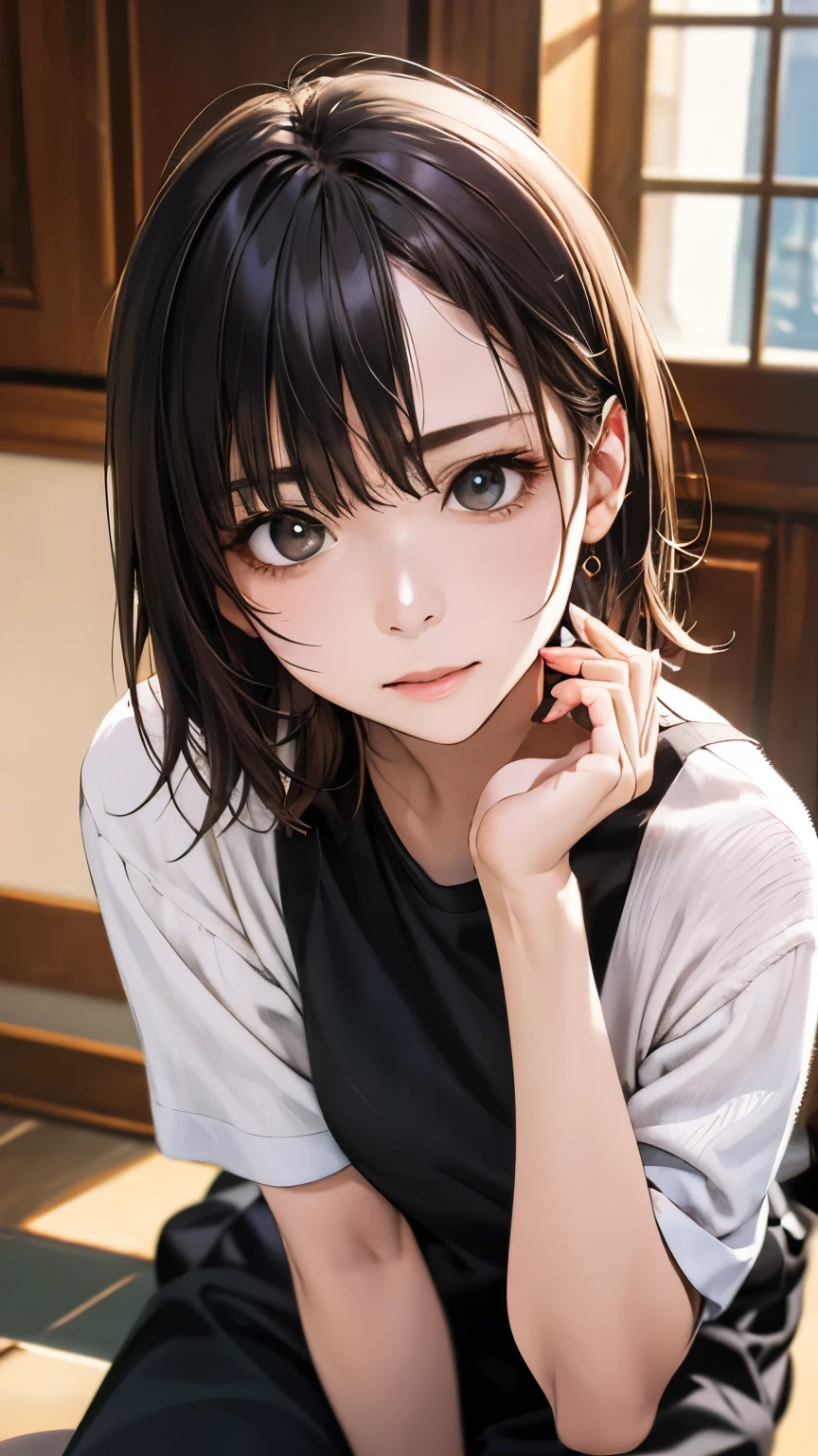 (hig彼st quality、8k、32k、masterpiece)、(Realistic)、(Realistic:1.2)、(High resolution)、Very detailed、Very beautiful face and eyes、1 girl、Delicate body、short hair, (hig彼st quality、Attention to detail、Rich skin detail)、(hig彼st quality、8k、Oil paint:1.2)、Very detailed、(Realistic、Realistic:1.37)、Bright colors、Full Body Shot, (Casual Fashion)