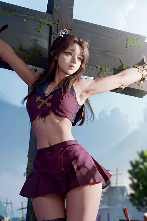 highest quality,masterpiece,Ultra-high resolution, Very detailed, 8k,(Beautiful woman),一人のBeautiful woman,((Crucifixion:1.5)),((cross)),(execution),((incontinence)),Scared,torture,slave,((crossにCrucifixionにされた女性:1.5)),Crucifixion刑,(Sailor Moon),Short skirt,((Torn costume:1.4)),(Tattered clothes),((Bruises on face and body:1.4)),(dirty),Defeated heroine,A ruined world,Remains,ruins