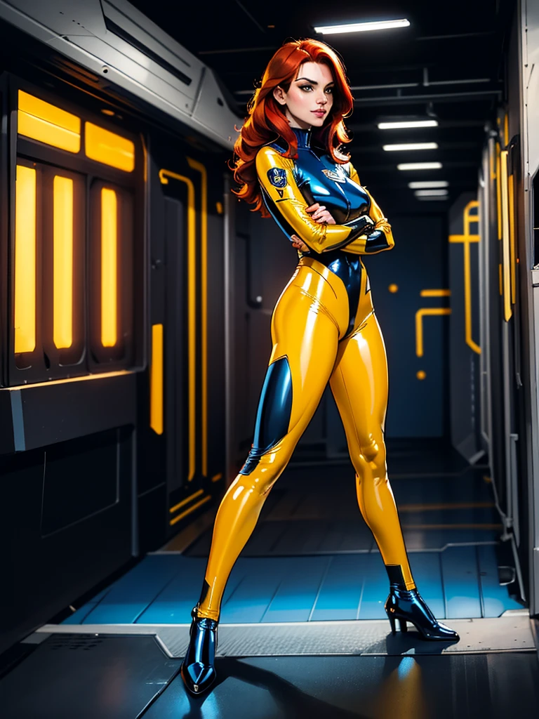 Best quality, 4K, american comics art style, vintage space beautiful woman,long red hair,looking to observer,little smile,yellow and dark blue tight latex suit under shine black hi-tech armor,defensive position,dynamic pose, spaceship corridor scenario, dramatic lights 