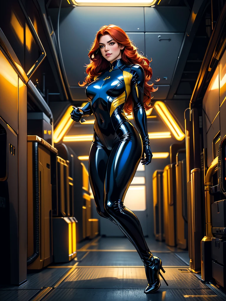 Best quality, 4K, american comics art style, vintage space beautiful woman,long red hair,looking to observer,little smile,yellow and dark blue tight latex suit under shine black hi-tech armor,defensive position,dynamic pose, spaceship corridor scenario, dramatic lights 