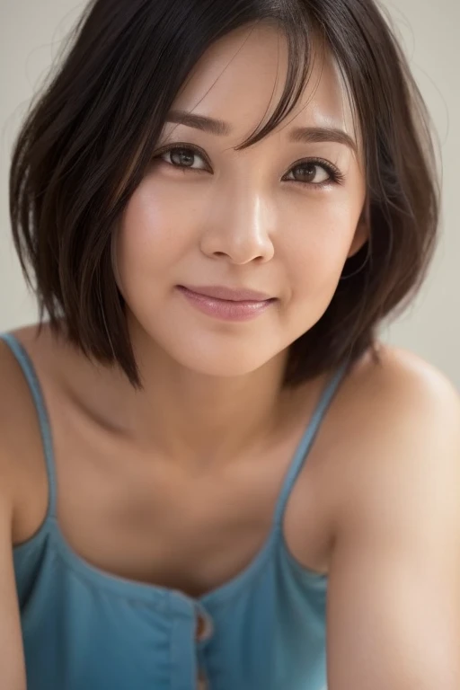 1 beautiful woman, high resolution, wallpaper 8K screen, top quality, realistic, super detailed, exquisite and perfect dynamic composition, (48 years old), (realistic skin texture), (overall skin fine lines: 1.3) , (dull skin: 1.1), (skin without moisture: 1.2), (wrinkles on the face: 0.9), (wrinkles at the corners of the eyes: 1.2), double eyelids, tear bags in the lower eyelids, eyes facing away, Serious expression, straight gaze, (dimples: 1.2), sharpness, dense and beautiful eyes, short hairstyle, thin hair, smile, short bangs, short hair, thin blouse with a wide neckline, flat chest, close to the waist Fitted flare pants, (portrait focusing on upper body), (angle from leg: 1.5),