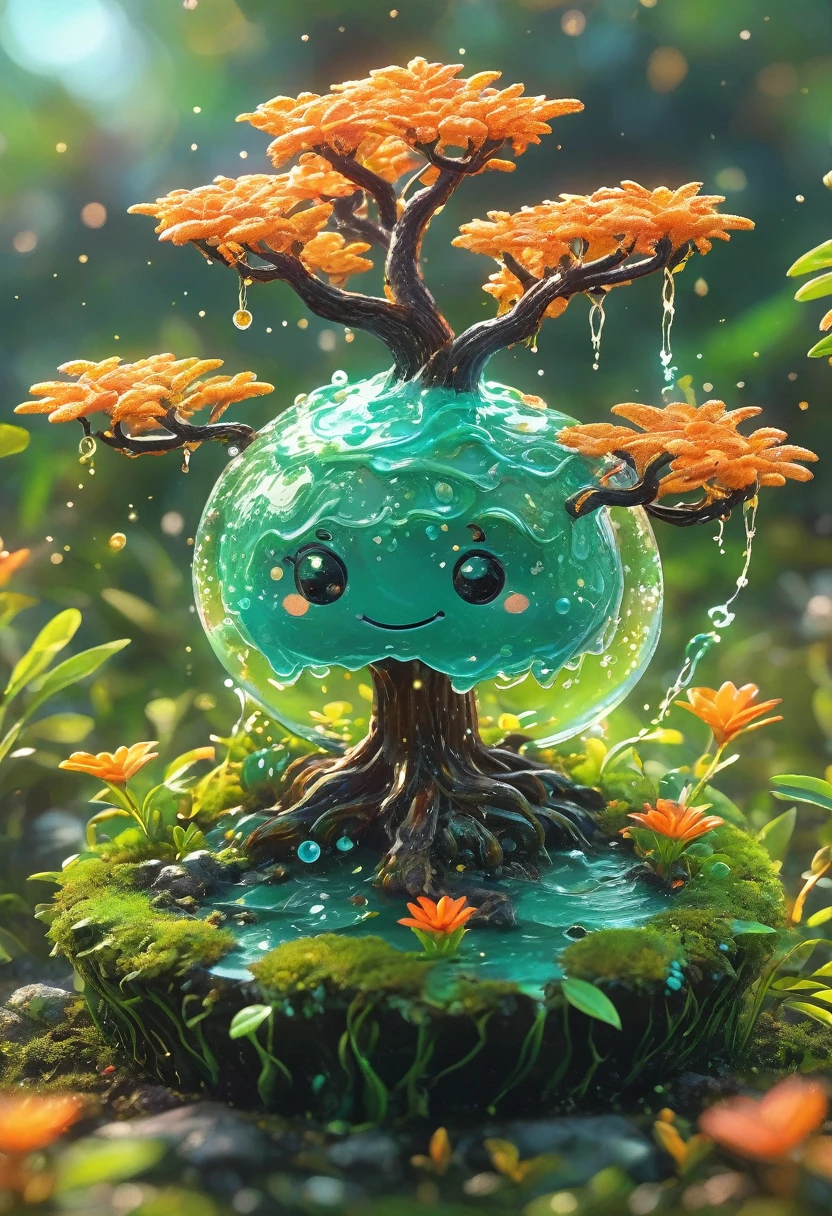 best quality, very good, 16K, ridiculous, Extremely detailed, Cute round slime tree，The horns are made of translucent boiling lava, Background grassland（（A masterpiece full of fantasy elements）））， （（best quality））， （（Intricate details））（8k）