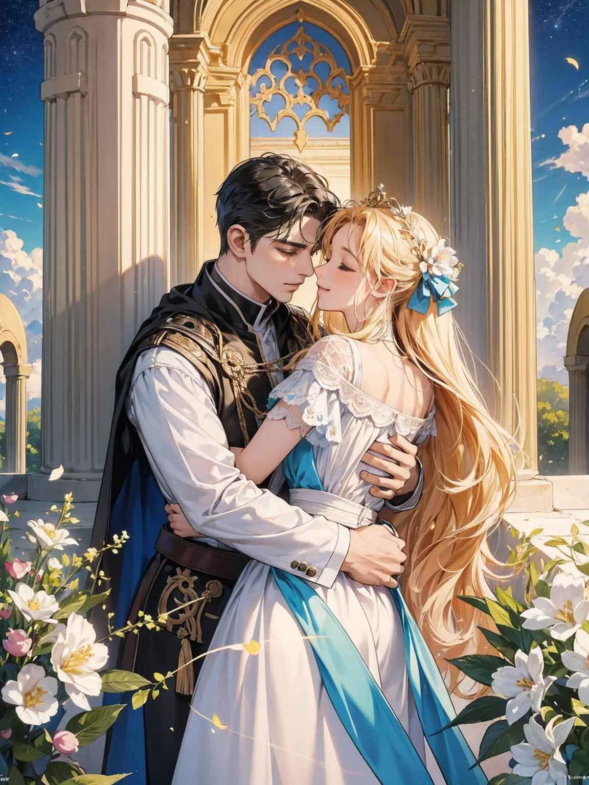 masterpiece, 最high quality, high quality, Highly detailed CG Unity 8k wallpaper, A happy couple、Emperor Constantine the Great of Rome, eternal love with Minervina, scenes of happy lovers, warm and strong embraces, bliss of love, excitement, lyrical, heartfelt, dramatic, romantic, beautiful white garments, golden belts, high vibrations, pure love, the splendor of Greece and Rome, the light of heavenly Jerusalem, washing of the soul, purification of the heart, healing of the body, joy, happiness of love, heartfelt smiles, the happiness of forgiveness, gratitude, thankfulness, praying for everyone for love, redemption, forgiveness, healing, and tranquility. These are events on Earth. Everyone is happily spending time in their own heavens. Also, friendly and pleasant relationships, sacred atmosphere, paradise of greenery and flowers, heaven, blessings and protection, beautiful, shining, ultra-high quality, ultra-high resolution, ultra-fine, ultra-beautiful, masterpiece.