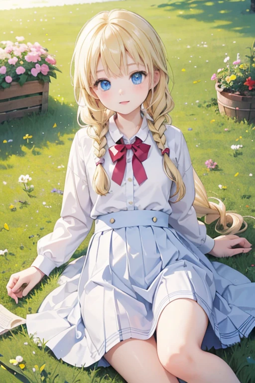 masterpiece, highest quality, High resolution, One -yeld giblue eyes、
Blonde,  Braid、uniform, White shirt, Checked skirt, garden、Lying on the grass