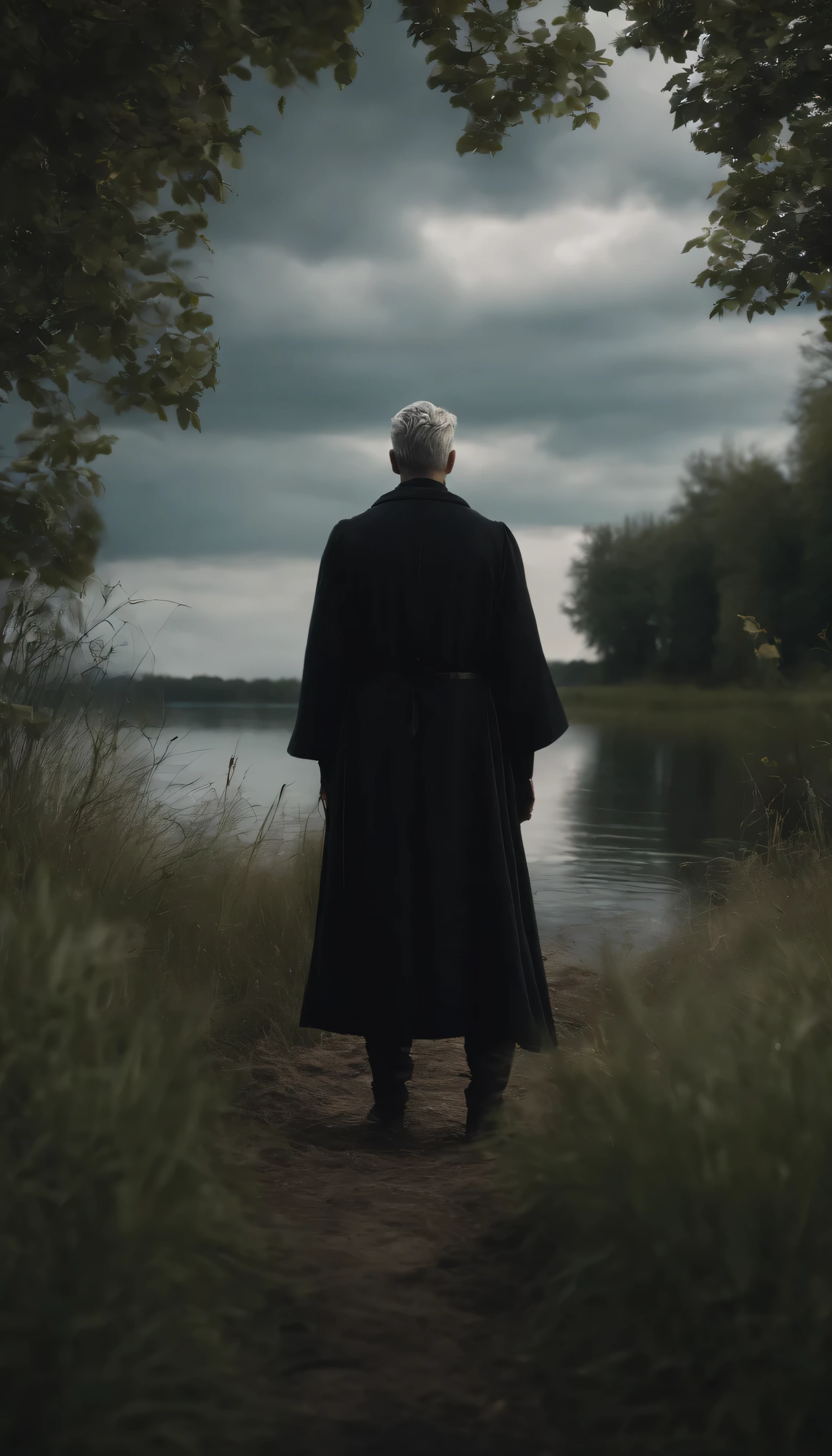 8k realistic, A young male wizard with grey short hair wearing black clothes from see a Monster in a lake in the grass field
