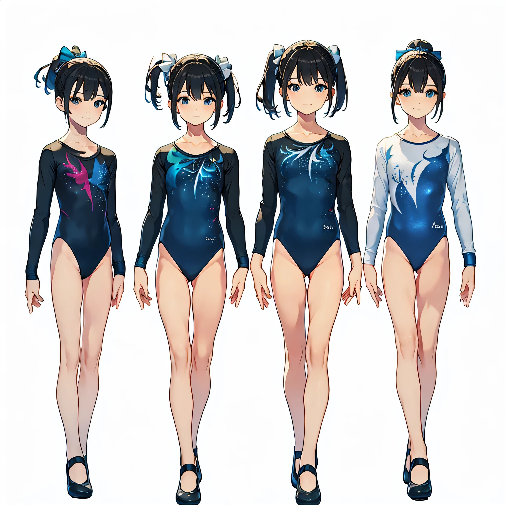 (masterpiece, best quality:1.2),Gymnastics club,(3 girls:1.3),(black leotard:1.3),(athletic leotard:1.3),green leotard:1.2),full body, pony tail, blue ribbon, long hair,(body suit:1.2),(over 20 years old, under 25 years old:1.2), ballet shoes, smile, BREAK white background