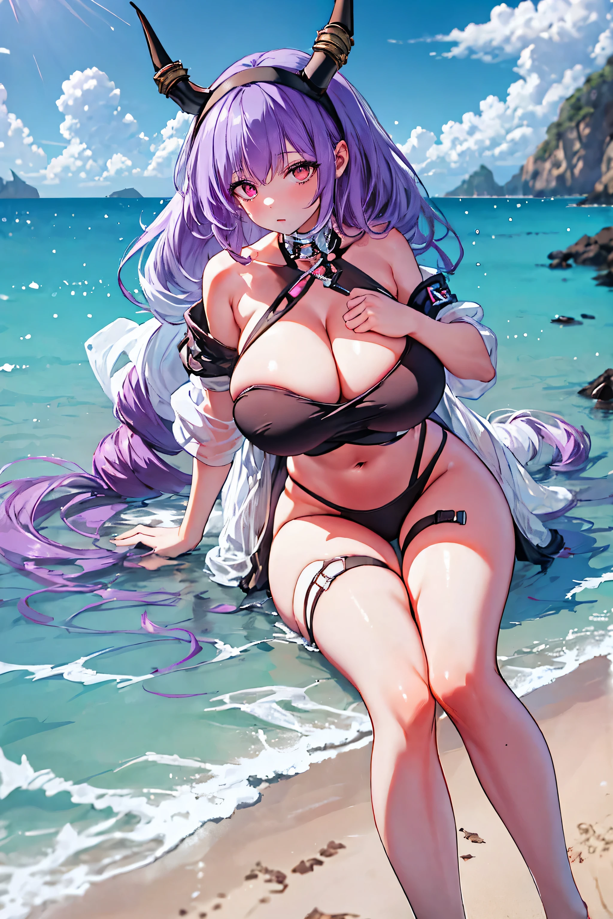 typhon| arknights, Masterpiece, best quality, 1 girl,25 years old , Huge, enormous breasts, very long hair, hairband, purple hair, proportion body, proportion, show your , Water set, This micro bikini,micro mini bikini, Lying on the beach with alluring challenges, unctuous. ,only, beautiful sea, The sky is beautiful, Looking at the audience from the front, thigh strap, tilt your head, bored, 10, 10, high resolution, expressionless,