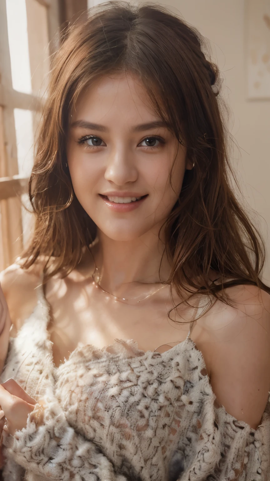 (​masterpiece:1.3), (8K, Photorealsitic, Raw photography, Top image quality: 1.4), Japan high school girls、(Random hairstyles:1.2)、cleavage of the breast:1.2、Super Detail Face、Eye of Detail、double eyelid、Bring your chest together、sharp focus:1.2、prety woman:1.4、light brown hair、top-quality、​masterpiece、超A high resolution、(Photorealsitic:1.4)、Highly detailed and professional lighting smile、Loose and light knitwear、Shoulder out、slender、serious facial expression、short-haired、Fatal position