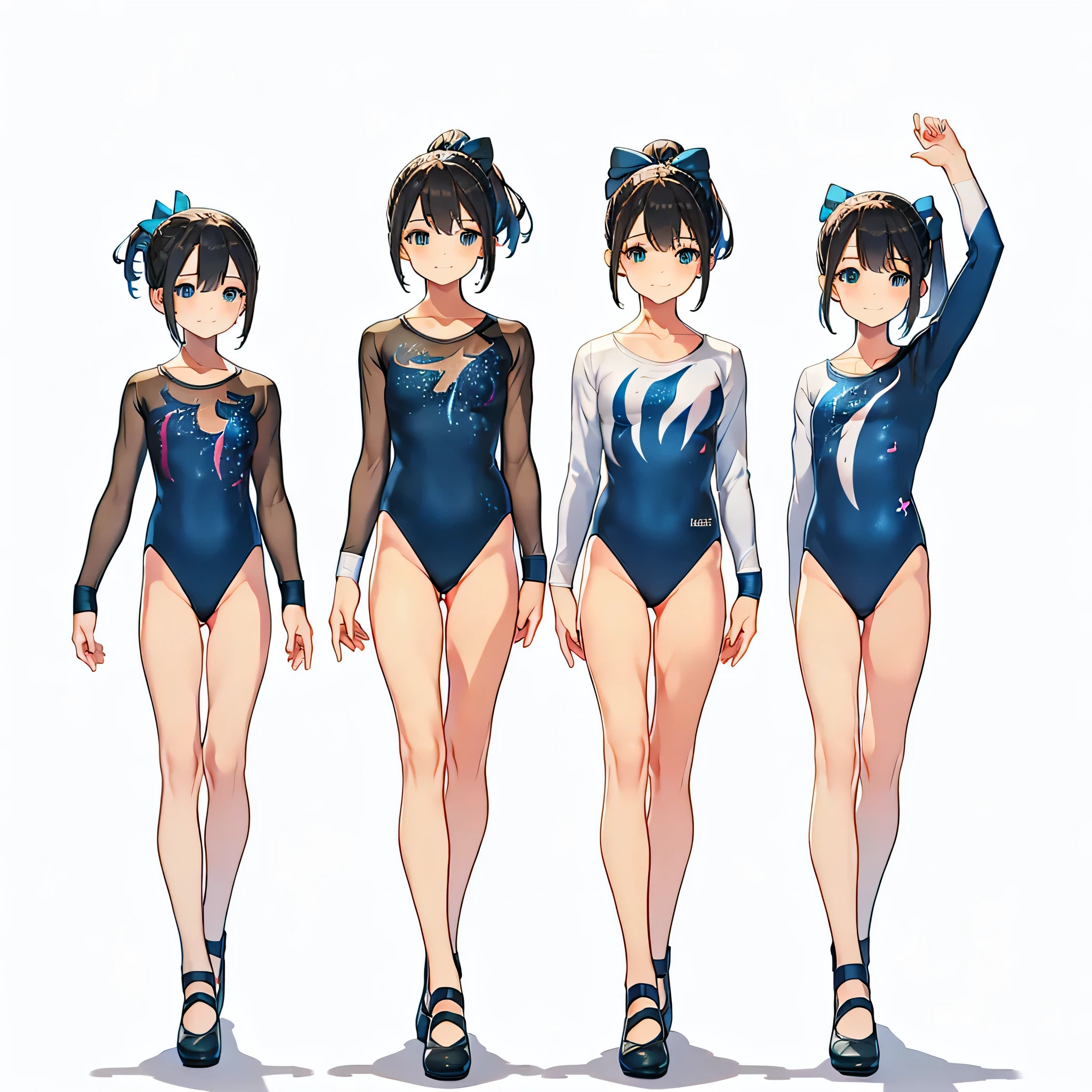 (masterpiece, best quality:1.2),Gymnastics club,(3 girls:1.3),(black leotard:1.3),(athletic leotard:1.3),green leotard:1.2),full body, pony tail, blue ribbon, long hair,(body suit:1.2),(over 20 years old, under 25 years old:1.2), ballet shoes, smile, BREAK white background