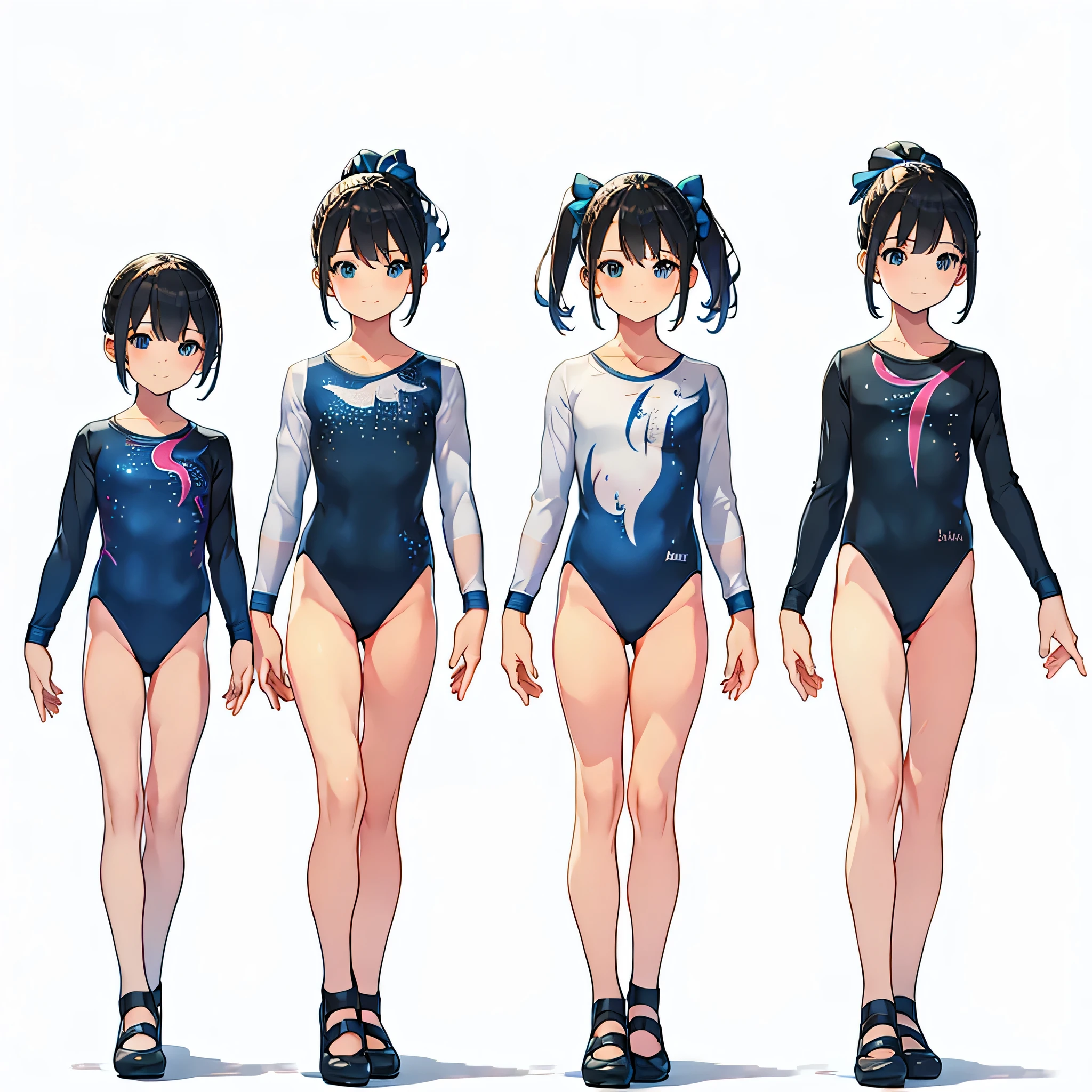 (masterpiece, best quality:1.2),Gymnastics club,(3 girls:1.3),(black leotard:1.3),(athletic leotard:1.3),green leotard:1.2),full body, pony tail, blue ribbon, long hair,(body suit:1.2),(over 20 years old, under 25 years old:1.2), ballet shoes, smile, BREAK white background