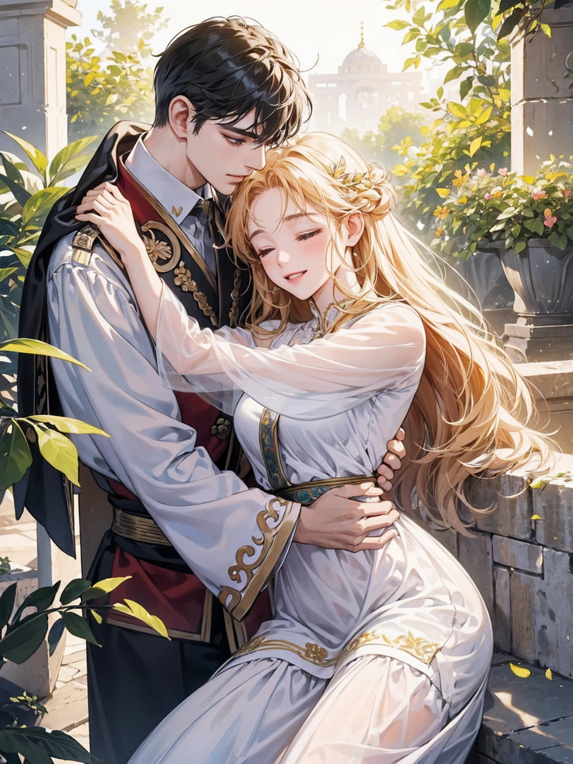 masterpiece, 最high quality, high quality, Highly detailed CG Unity 8k wallpaper, A happy couple、Emperor Constantine the Great of Rome, eternal love with Minervina, scenes of happy lovers, warm and strong embraces, bliss of love, excitement, lyrical, heartfelt, dramatic, romantic, beautiful white garments, golden belts, high vibrations, pure love, the splendor of Greece and Rome, the light of heavenly Jerusalem, washing of the soul, purification of the heart, healing of the body, joy, happiness of love, heartfelt smiles, the happiness of forgiveness, gratitude, thankfulness, praying for everyone for love, redemption, forgiveness, healing, and tranquility. These are events on Earth. Everyone is happily spending time in their own heavens. Also, friendly and pleasant relationships, sacred atmosphere, paradise of greenery and flowers, heaven, blessings and protection, beautiful, shining, ultra-high quality, ultra-high resolution, ultra-fine, ultra-beautiful, masterpiece.