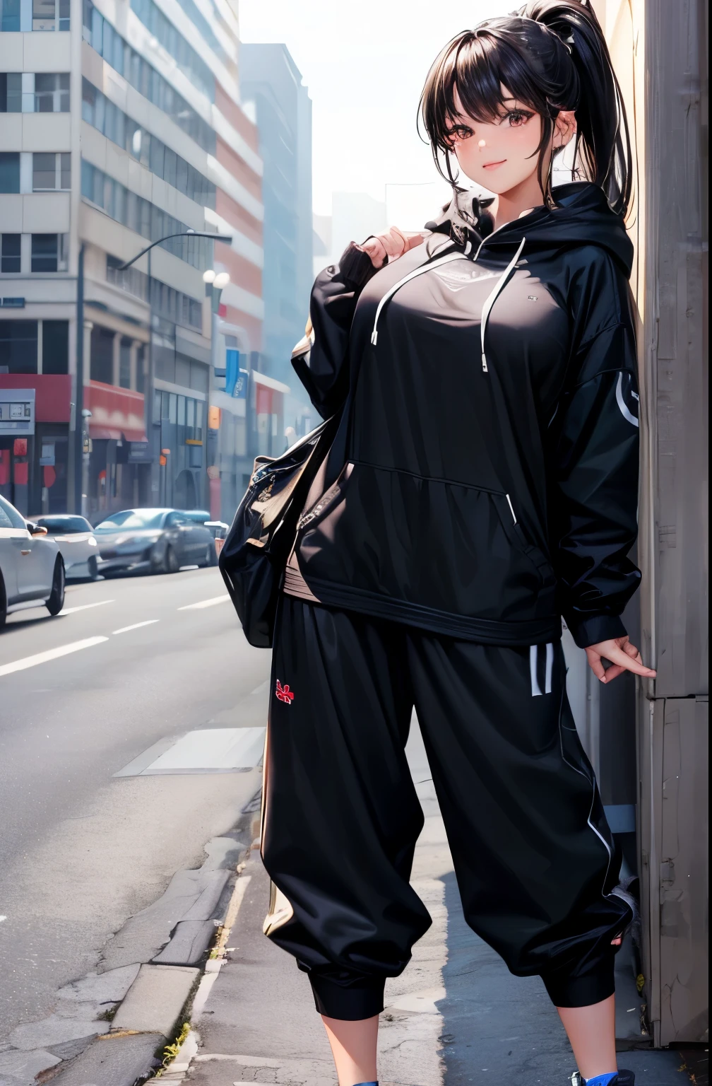 ((best quality)), ((masterpiece)), (detailed), perfect face,(18 years old),(beautiful girl), ponytail,(blackes Braun hair), cute smile (looking at vivers) on a streat road,( full body view),(detailed lips), perfect head ,(detailed face), wers a white hoodi black Stiles short pant that reaches nee, heads in hoodi pocket,(huge breasts),(perfect girl), Korean girl