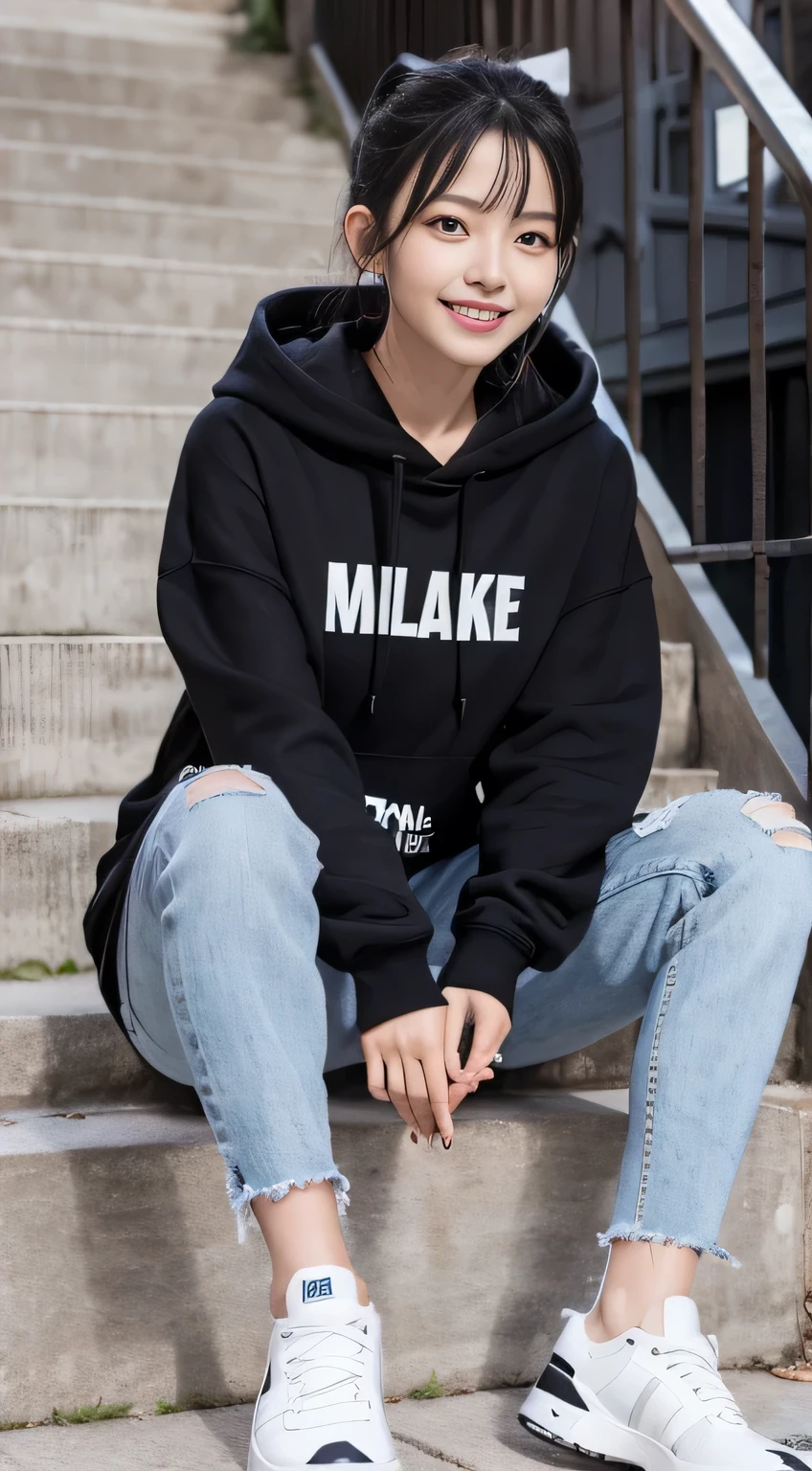 highest quality, Realistic, Very detailed, Finer details, High resolution, 8k wallpaper, One beautiful woman,Sit on the stairs、(Wear black socks)smile、(Beautiful teeth alignment、)(Gums are visible) Oversized hoodie, Skinny jeans,( Black sneakers)、Black Hair、 Beautiful Bangs、ear piercing、Perfect dynamic composition, Beautiful and detailed, Full Body Shot, A big smile