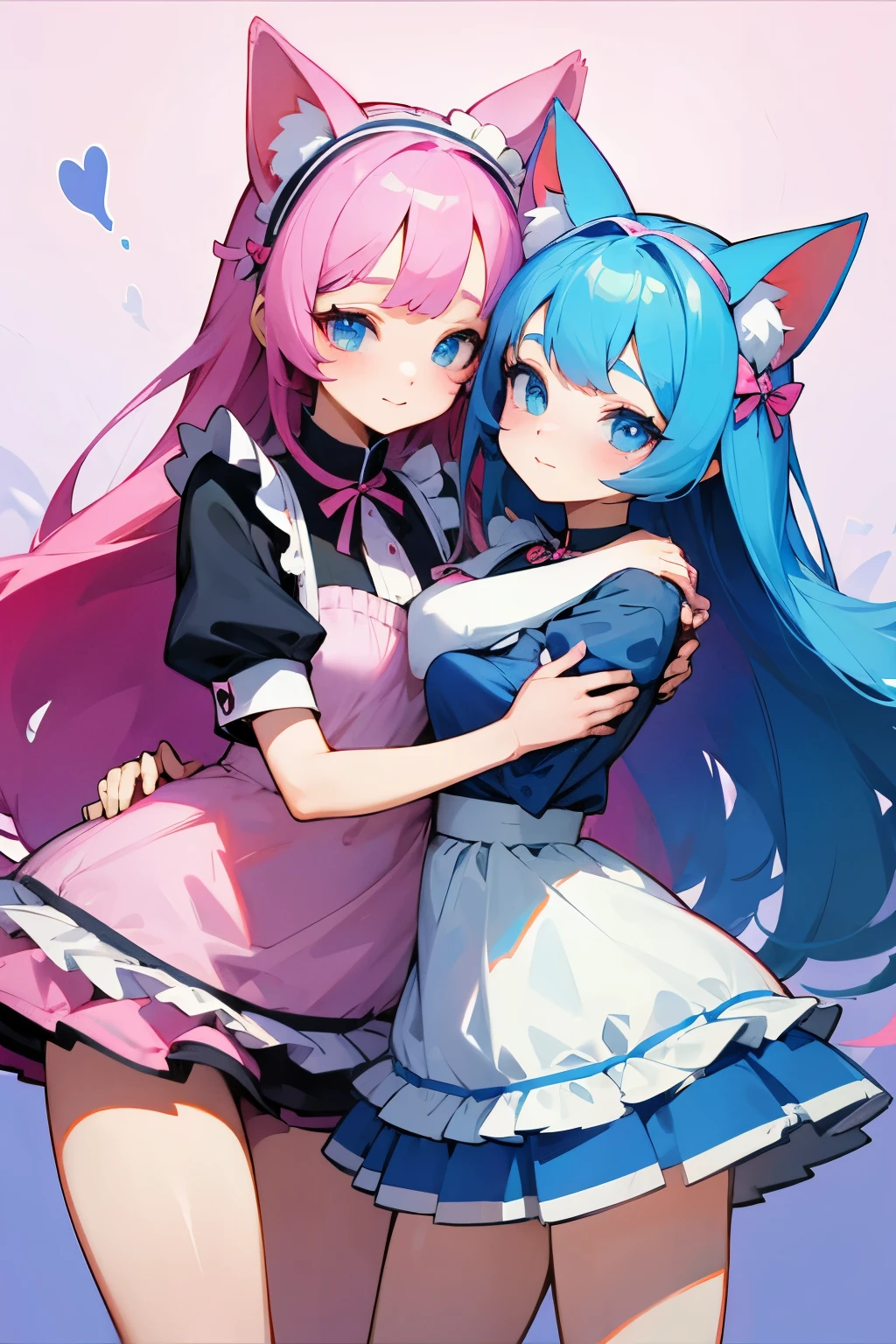 Maid clothes、Cat-eared Beauty、mini skirt、Hug pose、high resolution、8K、high quality、twins、Blue and pink costume、
