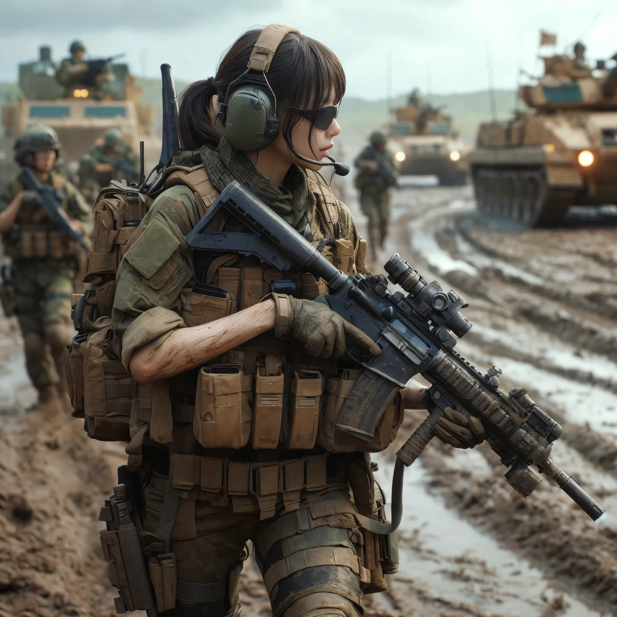 8K, realistic photo, realistic skin texture, Japanese women in the U.S. Army、、wasteland、mud、Automatic rifle、Bulletproof vest、backpack、Several tanks and military vehicles are seen in the distance.、Move forward at a fast pace、Signal to move forward、The background is out of focus