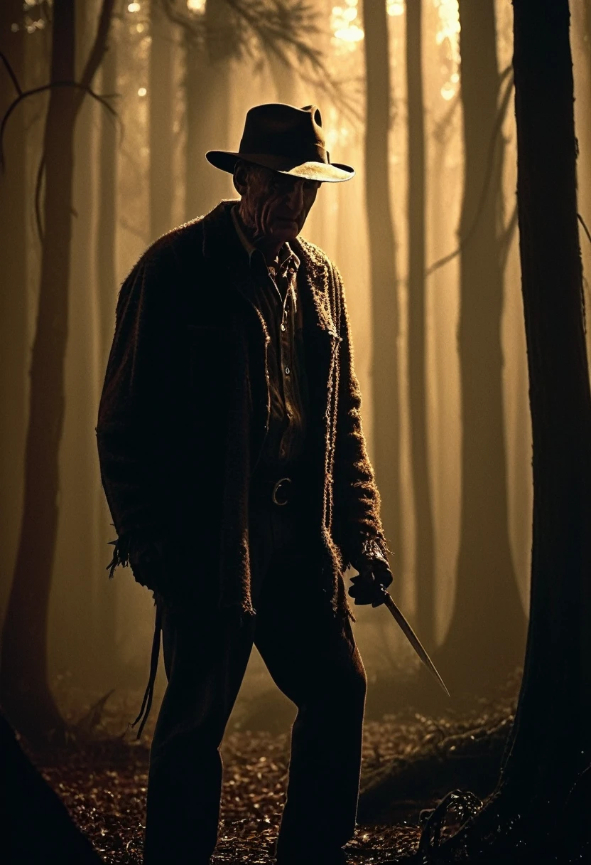 (Freddy Krueger Best Quality, Masterpiece: 1.2) creepy scary, dark gloomy forest, sepia, grainy, eerie setting. Something scary saspiens, mystical lighting, darkness, drama. Morning light pours through the window. werewolf::- ((best quality)), ((masterpiece)) (detail), 8k, raw photo, glamor shot, cinematic.