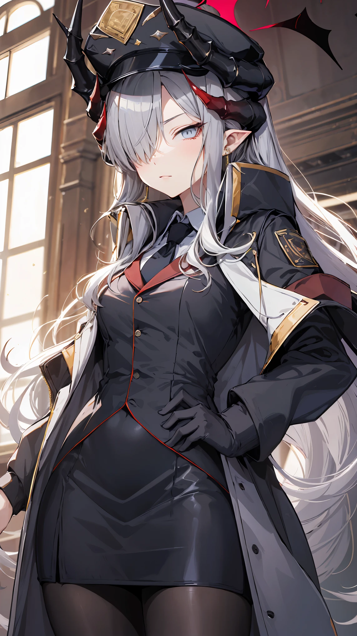 makoto_bluearchive,hair over one eye,(((tsurime))),grey hair,long hair,horn,(cap),(black long coat),vest,necktie,pencil skirt,pantyhose,boots,cowboy shot,contrapposto,masterpiece,Noise Reduction,perfect anatomy,high resolution, ultra-detailed,game cg,dutch angle ,beautiful detailed eyes,visualart,five fingers, perfect hands, perfect lighting