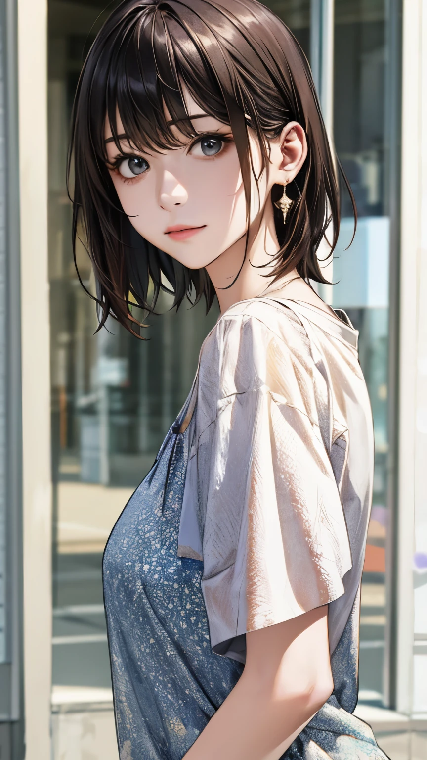 (hig彼st quality、8k、32k、masterpiece)、(Realistic)、(Realistic:1.2)、(High resolution)、Very detailed、Very beautiful face and eyes、1 girl、Delicate body、short hair, (hig彼st quality、Attention to detail、Rich skin detail)、(hig彼st quality、8k、Oil paint:1.2)、Very detailed、(Realistic、Realistic:1.37)、Bright colors、Full Body Shot, (Casual Fashion)