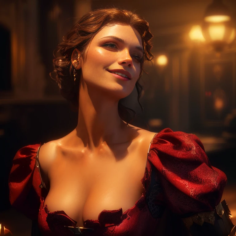 A woman wearing a red dress that emphasizes her bust is posing with a smile, Movie busts, Michael Horse (Unreal Engine, 8k Sensual Lighting, Seductive hypnotist woman, Bust Shots in the Movie, 8K Portrait Rendering, Fantasy style 8k octane rendering, Art Nouveau octane rendering, 8k high quality detailed art, Beautiful digital art, small character. Unreal Engine 5