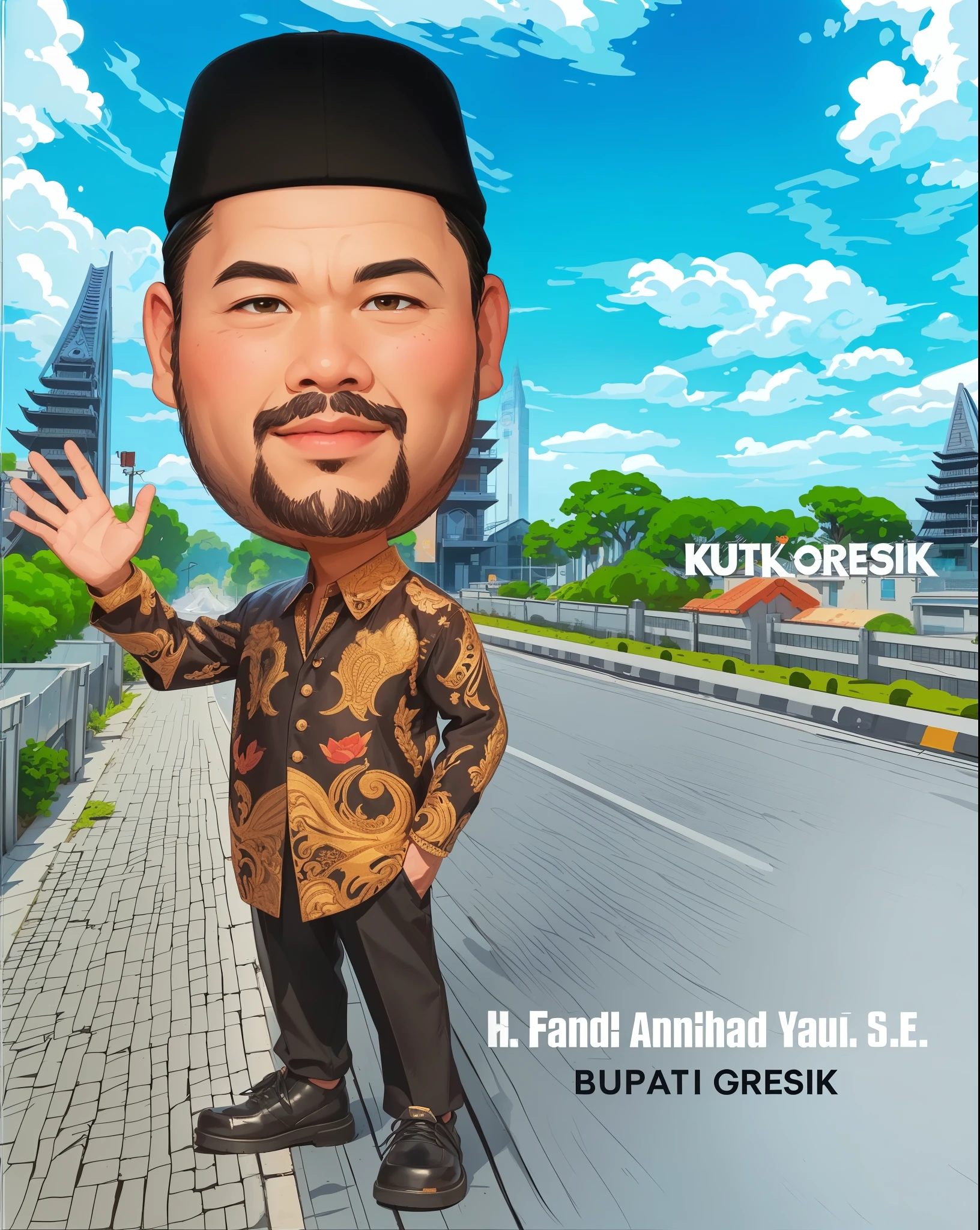 cartoon of a man with a beard and a hat standing on a street, caricature illustration, caricature, caricature!!!, caricature style, trading card fond, proffesional illustration, digital art cartoon, official artwork, official illustration, digital art!!, inspired by I Ketut Soki, fanart, official fanart behance hd, inspired by Basuki Abdullah
