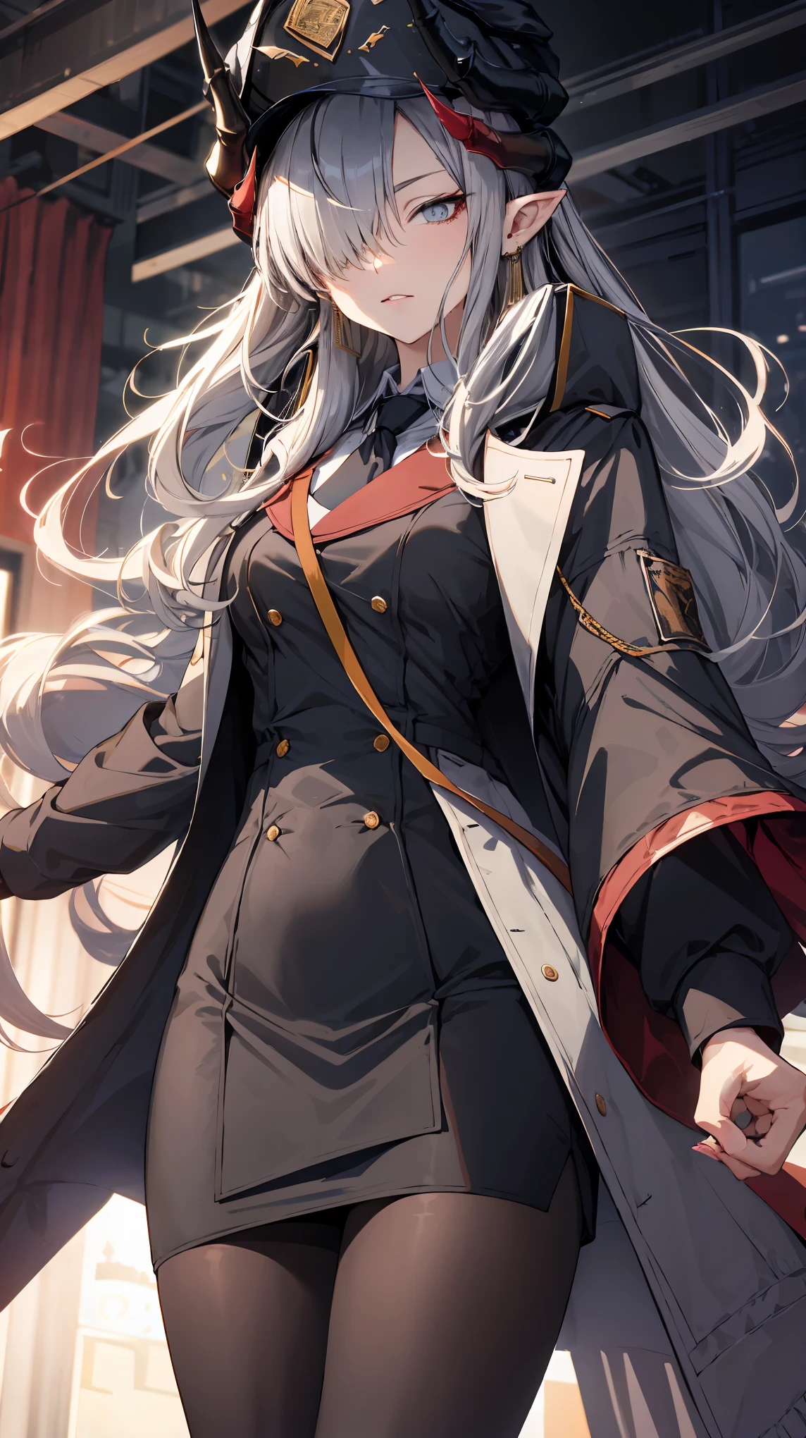 makoto_bluearchive,hair over one eye,(((tsurime))),grey hair,long hair,horn,(cap),(black long coat),vest,necktie,pencil skirt,pantyhose,boots,cowboy shot,contrapposto,masterpiece,Noise Reduction,perfect anatomy,high resolution, ultra-detailed,game cg,dutch angle ,beautiful detailed eyes,visualart,five fingers, perfect hands, perfect lighting