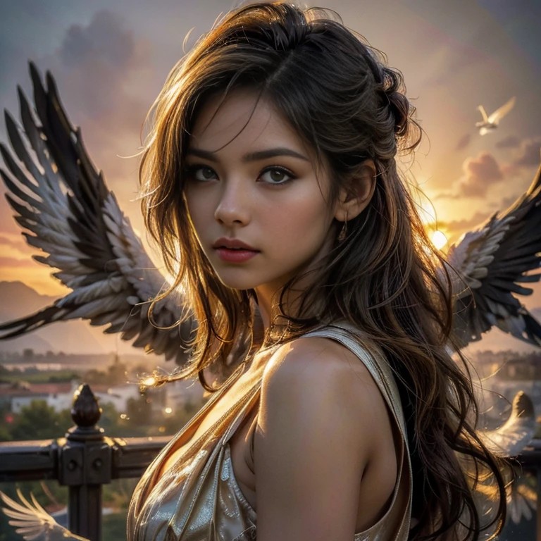 a girl flying in the sky, beautiful detailed eyes, beautiful detailed lips, extremely detailed face, long eyelashes, (best quality, high-res, photo-realistic:1.37), (vibrant colors, vivid colors), (soft lighting, natural lighting), medium: oil painting, dreamy atmosphere, flowing dress, birds flying around, golden sunset, serene expression, joyful motion, lightweight wings