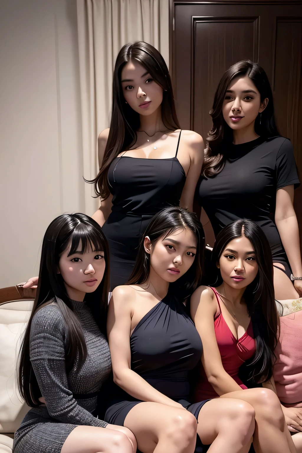 4 girl together、A long dark-haired, detailed face、Detailed background、depth of fields、Full-body angle of view、Sitting on the couch with your knees, private  classy bedroom at night time,  young sexy 4 girls seductive korean mixed girls, slim curvy hot body, one piece transparant bedtime bluish dress, onlyfans actress, instagram model, facing front , frontal to camera , midshot 