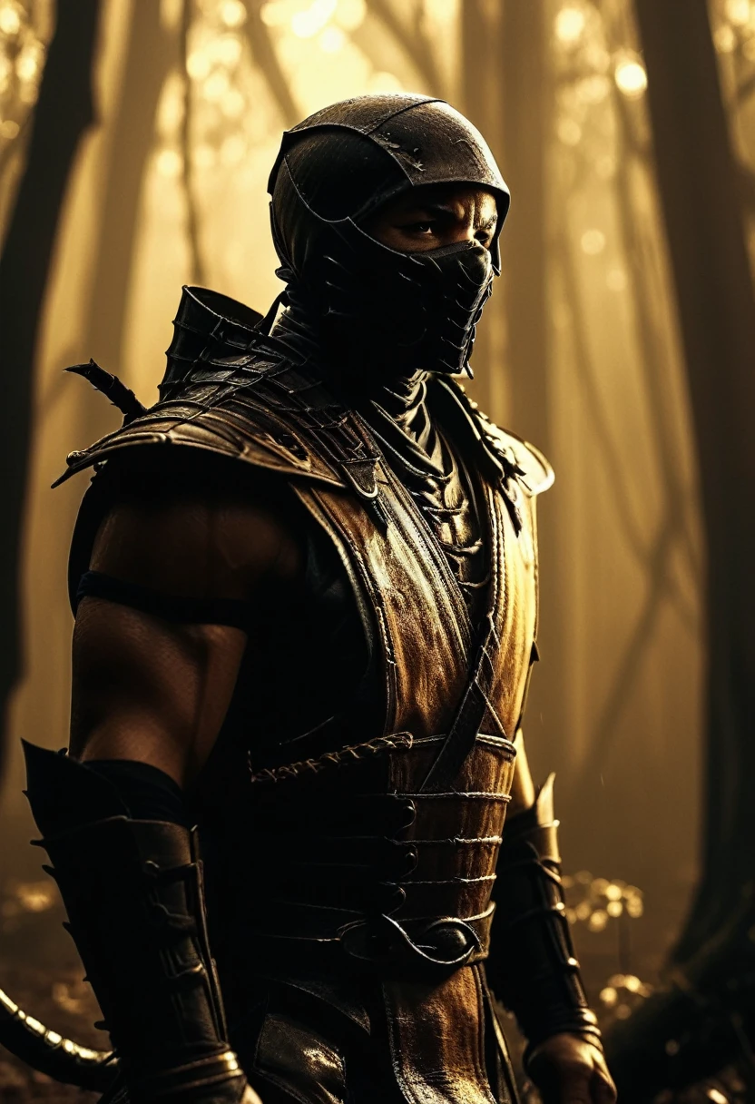 (Mortal Kombat-Scorpion. Best Quality, Masterpiece: 1.2) creepy scary, dark gloomy forest, sepia, grainy, creepy environment. Something scary, mystical lighting, Darkness, Drama. Morning light pours through the window. ((Best quality)), ((masterpiece)) (Detail), 8K, RAW photo, glamor shot, cinematic.