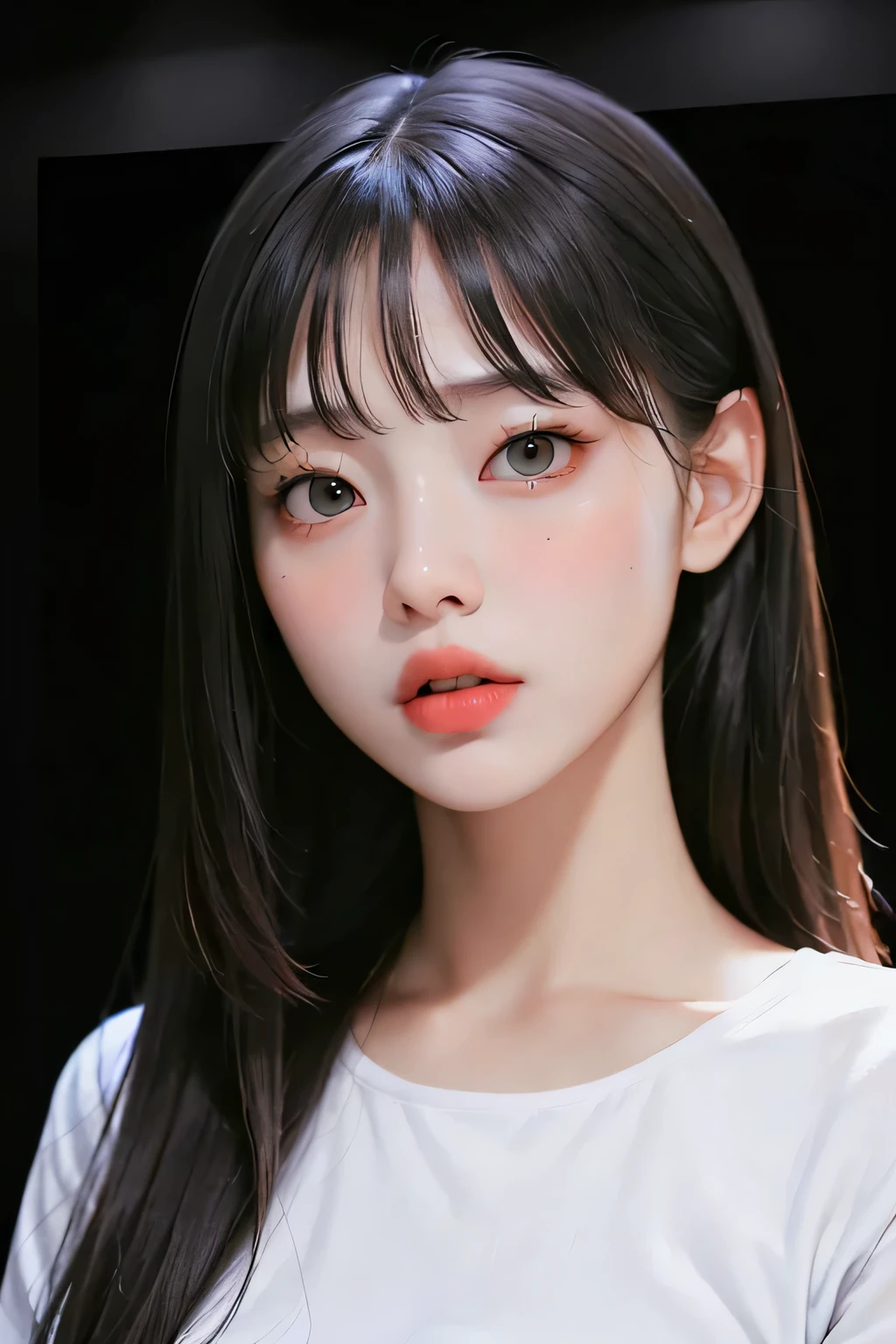 masterpiece, best quality, (dark photo:1.3), photorealistic, 1girl, flat bangs, stunning innocent symmetry face, shirt, emotional, ulzzang, (PureErosFace_V1:0.7)