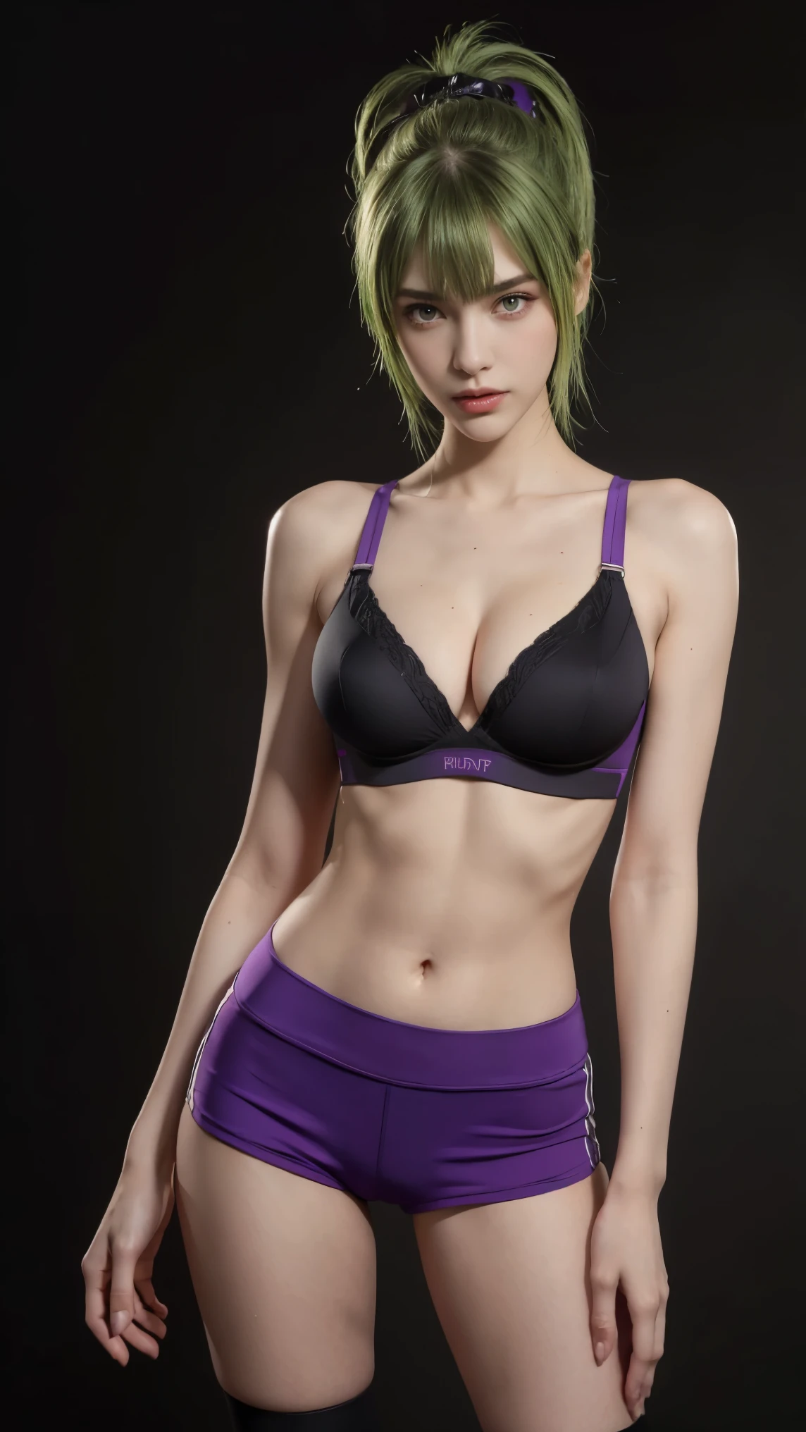 8K, Top Quality, Intricate Details, Ultra Detail, Ultra High Resolution, Masterpiece, close up shot, (full body: 1.1), Slender, Smile, (Makeup: 0.4), (Fluffy purple Eyes: 1.21), (()), 1girl, solo, 1 girl, ((green hair, bangs, high ponytail)), close up shot, , ((tall)), (((fit body))), (((slim face))), sharp face, (())  ,(detailed face), sharp face, small lips, , 
 ((,sport bra, hot pants )), , ((,)),detailed face, detailed , , ((large ,  )), , Narrow Waist, Skinny, tall , 175 cm tall,  Muscular, Navel, Exposed Abdomen, Pointed ,, Beautiful girl with accentuated slender abs: 1.4, Six Pack Abs: 1.4, Bust Botox, Big, Perfect Body, detail leg, (( dark background)), black background,