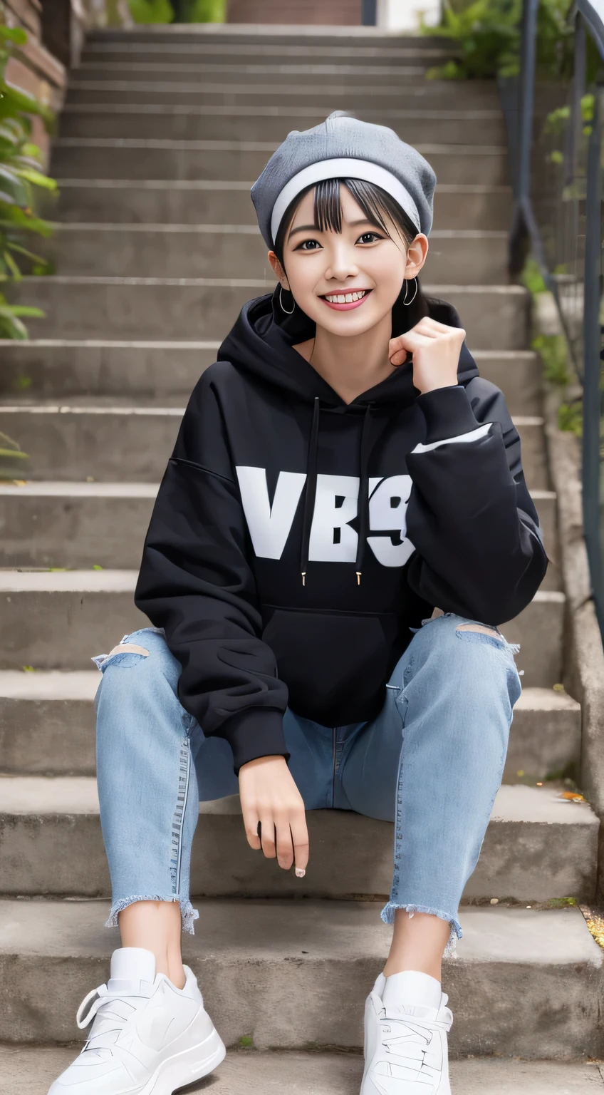 highest quality, Realistic, Very detailed, Finer details, High resolution, 8k wallpaper, One beautiful woman,Sit on the stairs、（Wear black socks）smile、（Beautiful teeth alignment、）（Gums are visible） Oversized hoodie, Skinny jeans,（ Black sneakers）、Black Hair、 Beautiful Bangs、ear piercing、Perfect dynamic composition, Beautiful and detailed, Full Body Shot, A big smile

