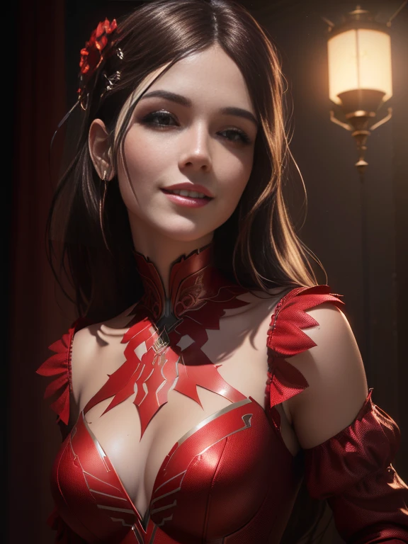 A woman wearing a red dress that emphasizes her bust is posing with a smile, Movie busts, Michael Horse (Unreal Engine, 8k Sensual Lighting, Seductive hypnotist woman, Bust Shots in the Movie, 8K Portrait Rendering, Fantasy style 8k octane rendering, Art Nouveau octane rendering, 8k high quality detailed art, Beautiful digital art, small character. Unreal Engine 5