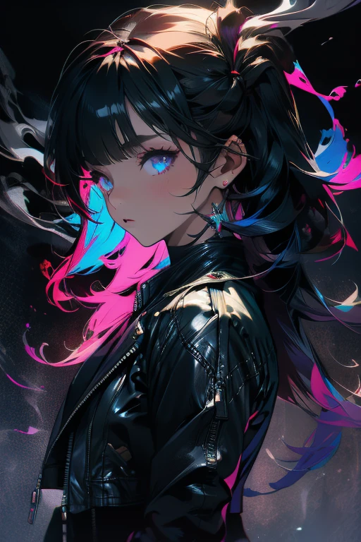 1lady,solo,cool,dark,darkness,neon,leather jacket,upper body,black hair and long hair,have a cigarette,smoke, smoke a cigarette,silhouette